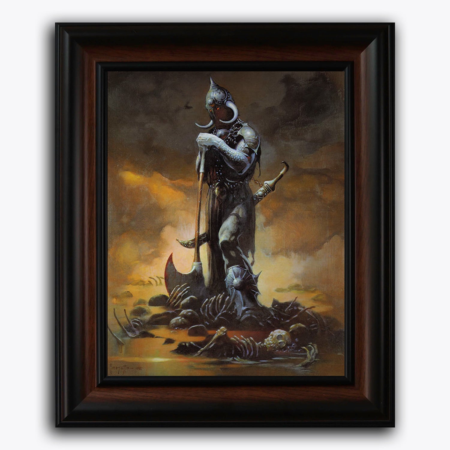 Framed fine art print of Frank Frazetta’s “Death Dealer III,” showing the iconic armored warrior standing atop bones beneath a smoky, golden sky.