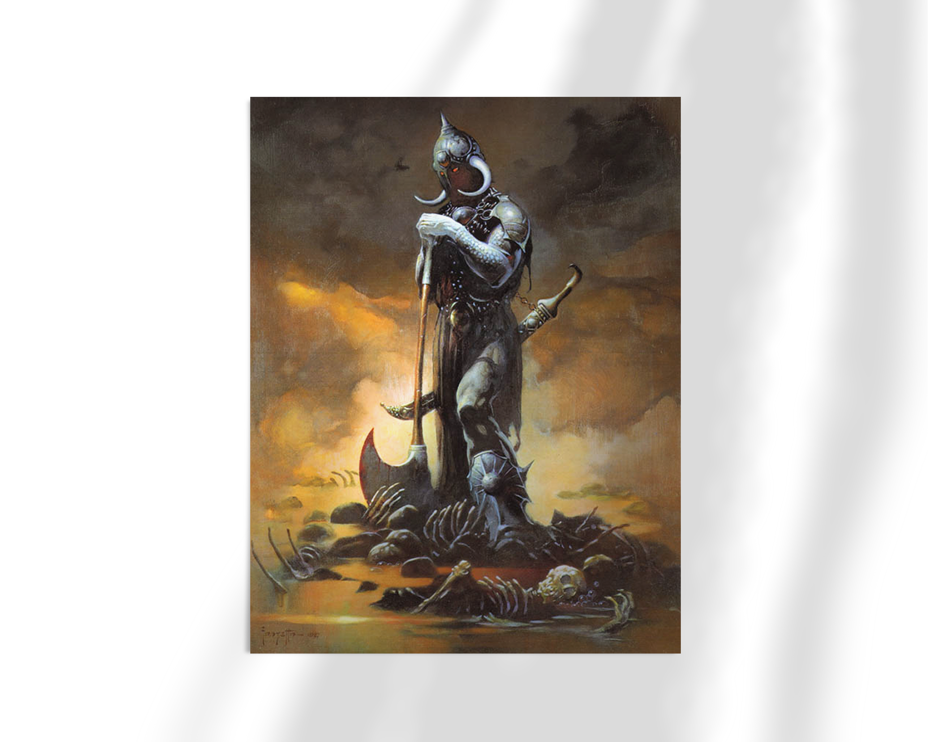 Unframed fine art print of Frazetta’s “Death Dealer III,” depicting the fearsome, axe-wielding figure in battle-worn armor surrounded by skulls and mist.