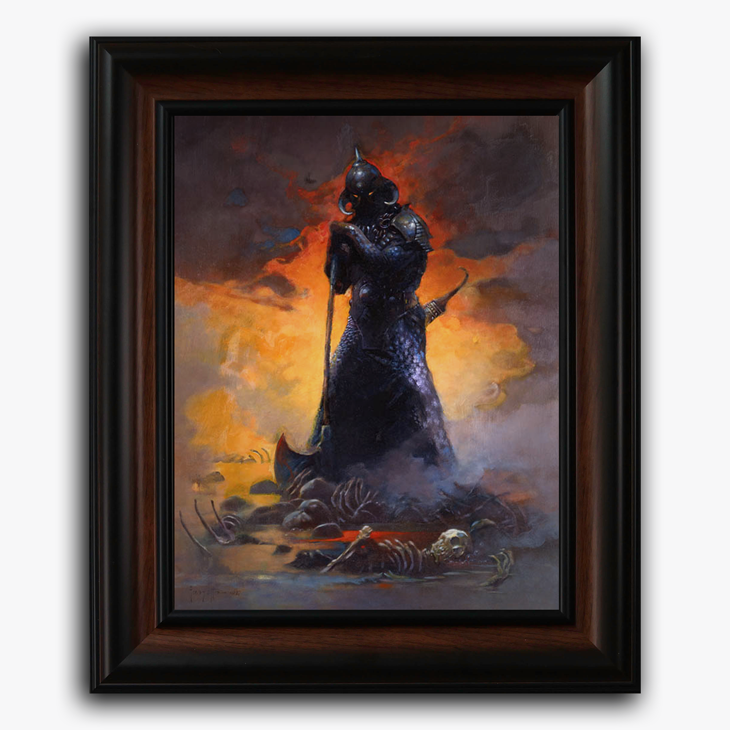 Framed fine art print of Death Dealer III Revised, featuring a looming warrior in a smoky battlefield with bones scattered at his feet.