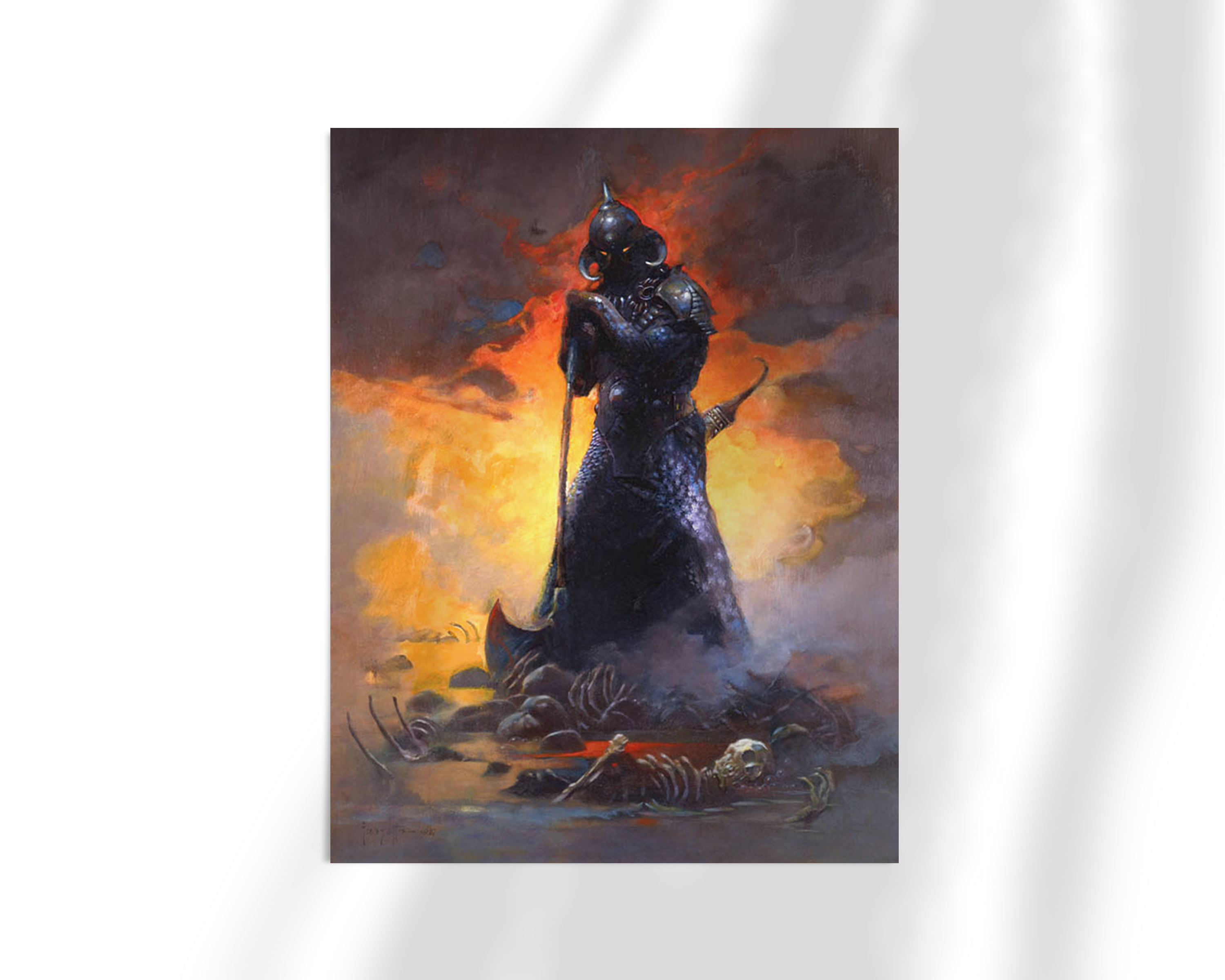 Unframed print of Death Dealer III Revised, rendered in intense orange and gray tones, with masterful shadow and atmosphere.