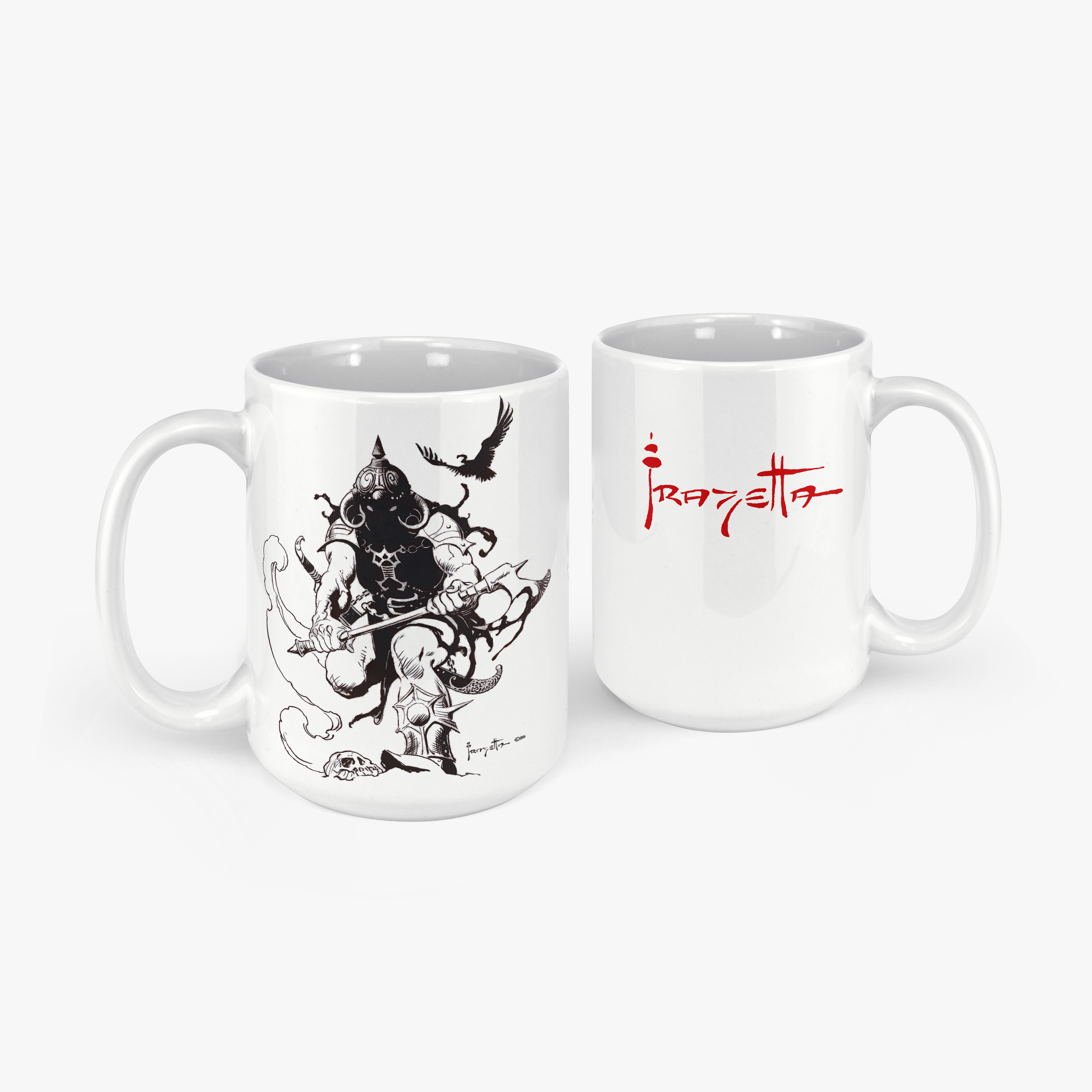 A white ceramic mug featuring Frank Frazetta&