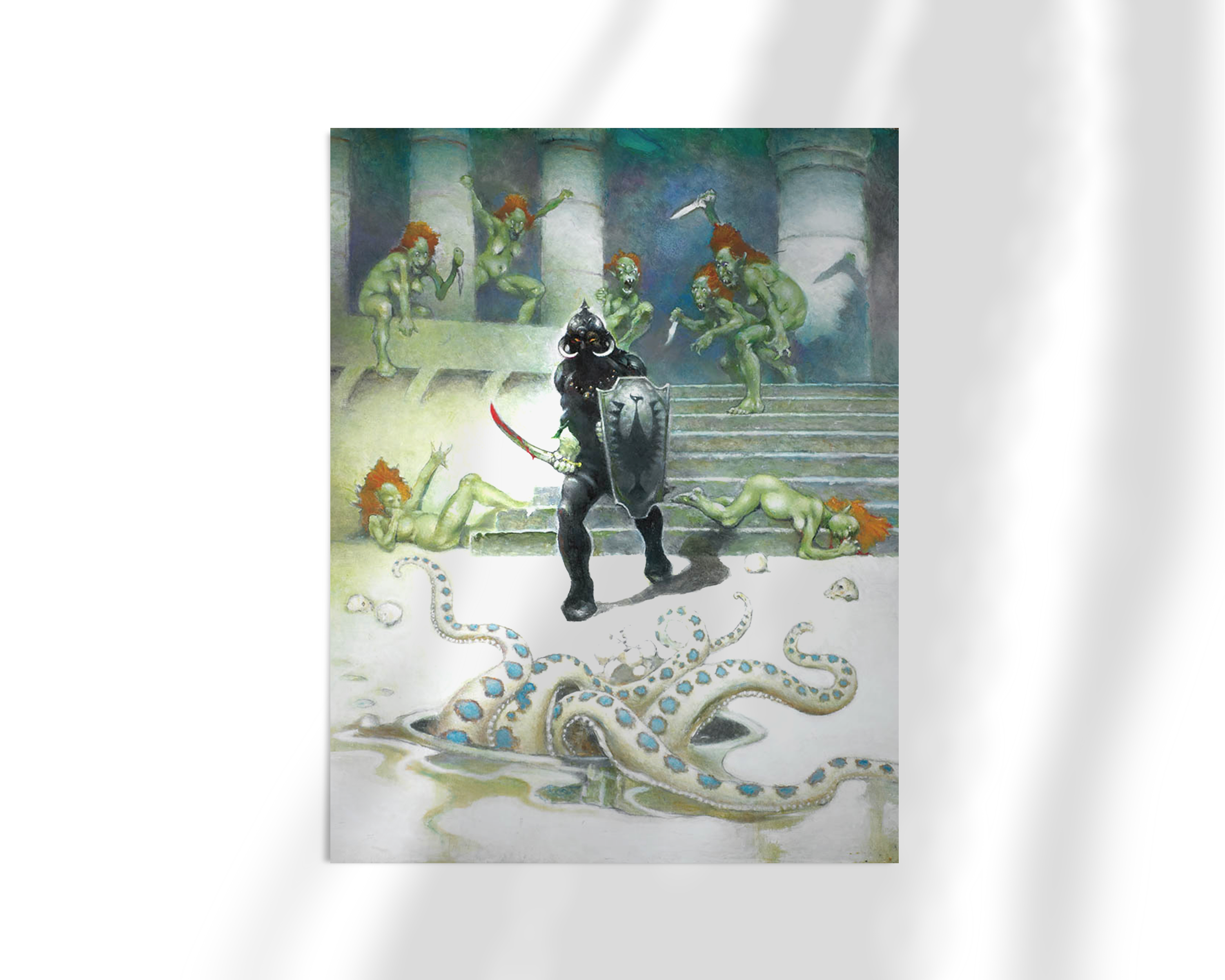 Unframed fine art print of Death Dealer VII by Frank Frazetta, depicting the infamous warrior in a white stone arena with defeated foes and an ominous octopus-like beast at his feet.