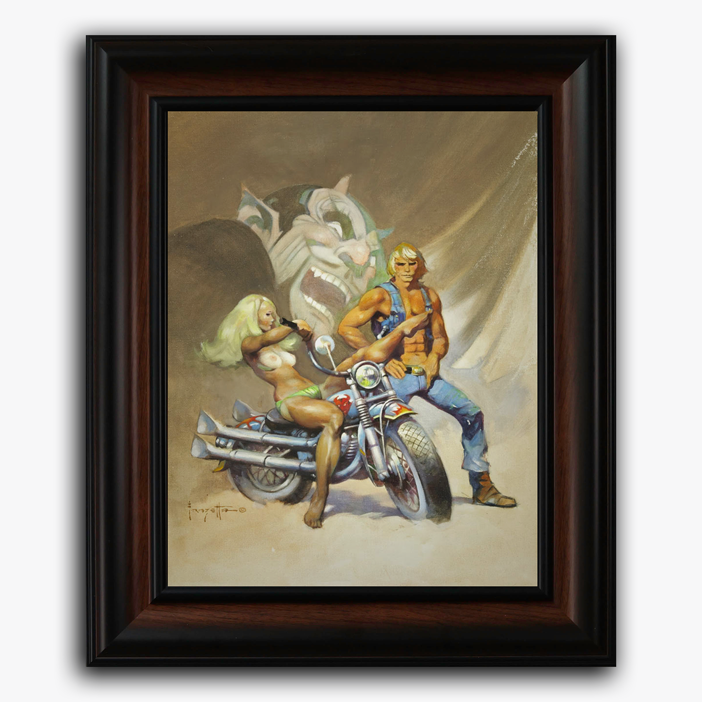 Framed fine art print of Frank Frazetta’s Devil Rider, featuring a confident couple posed beside a chrome motorcycle, with ghostly, demonic imagery forming in the swirling background mist.