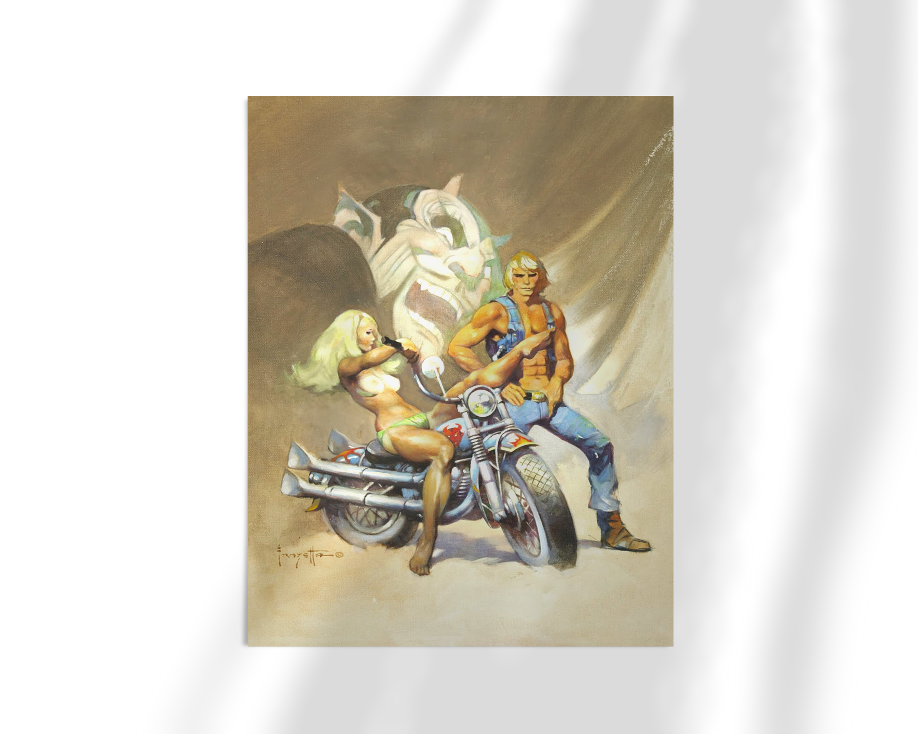 Unframed fine art print of Devil Rider by Frank Frazetta, showcasing a rugged man and glamorous woman seated with a motorcycle, as a spectral devil face looms subtly in the distance.