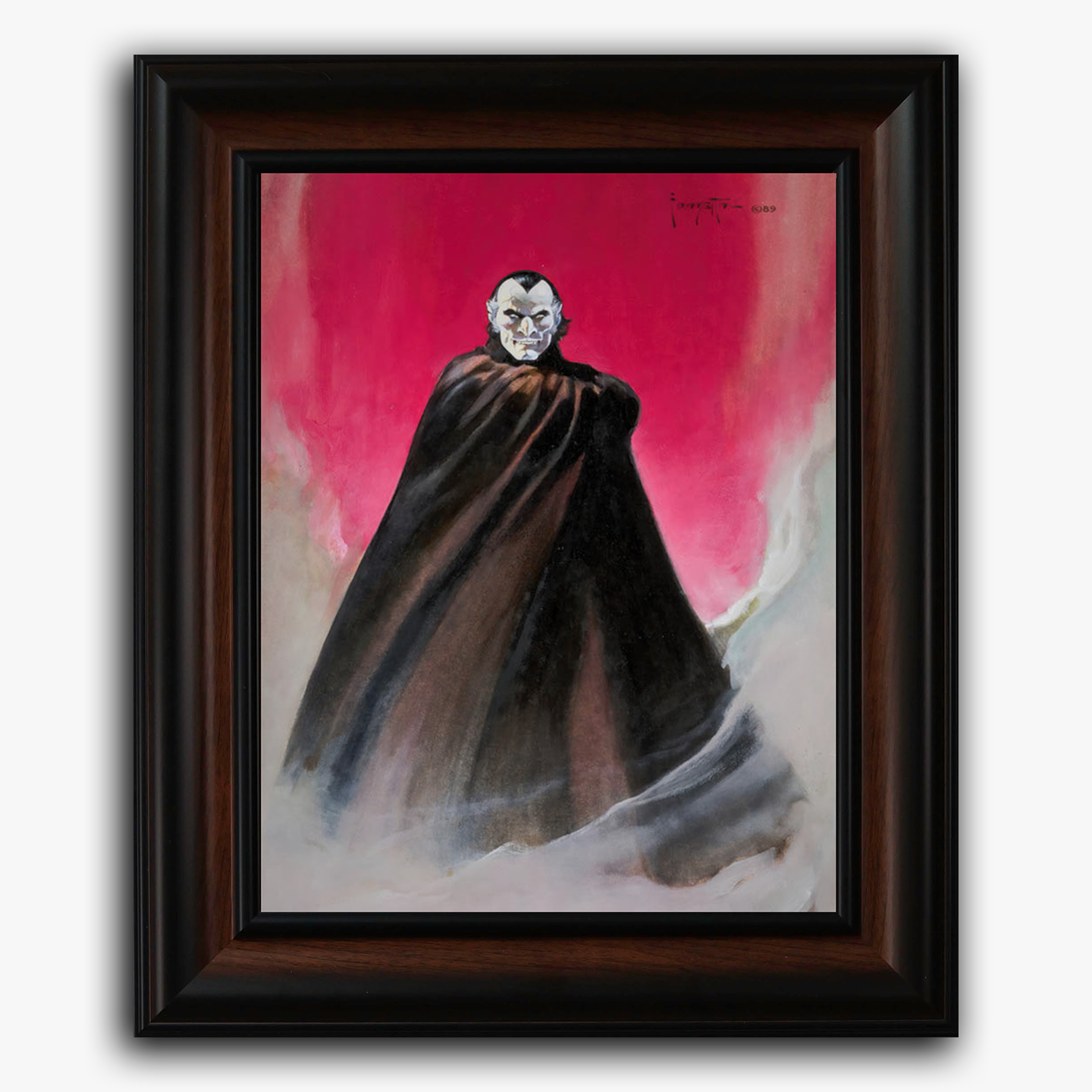 Framed fine art print of Frank Frazetta’s Dracula, featuring the infamous vampire cloaked in darkness. Set against a blood-red sky, Dracula’s piercing gaze and dramatic cape create a haunting, gothic atmosphere.