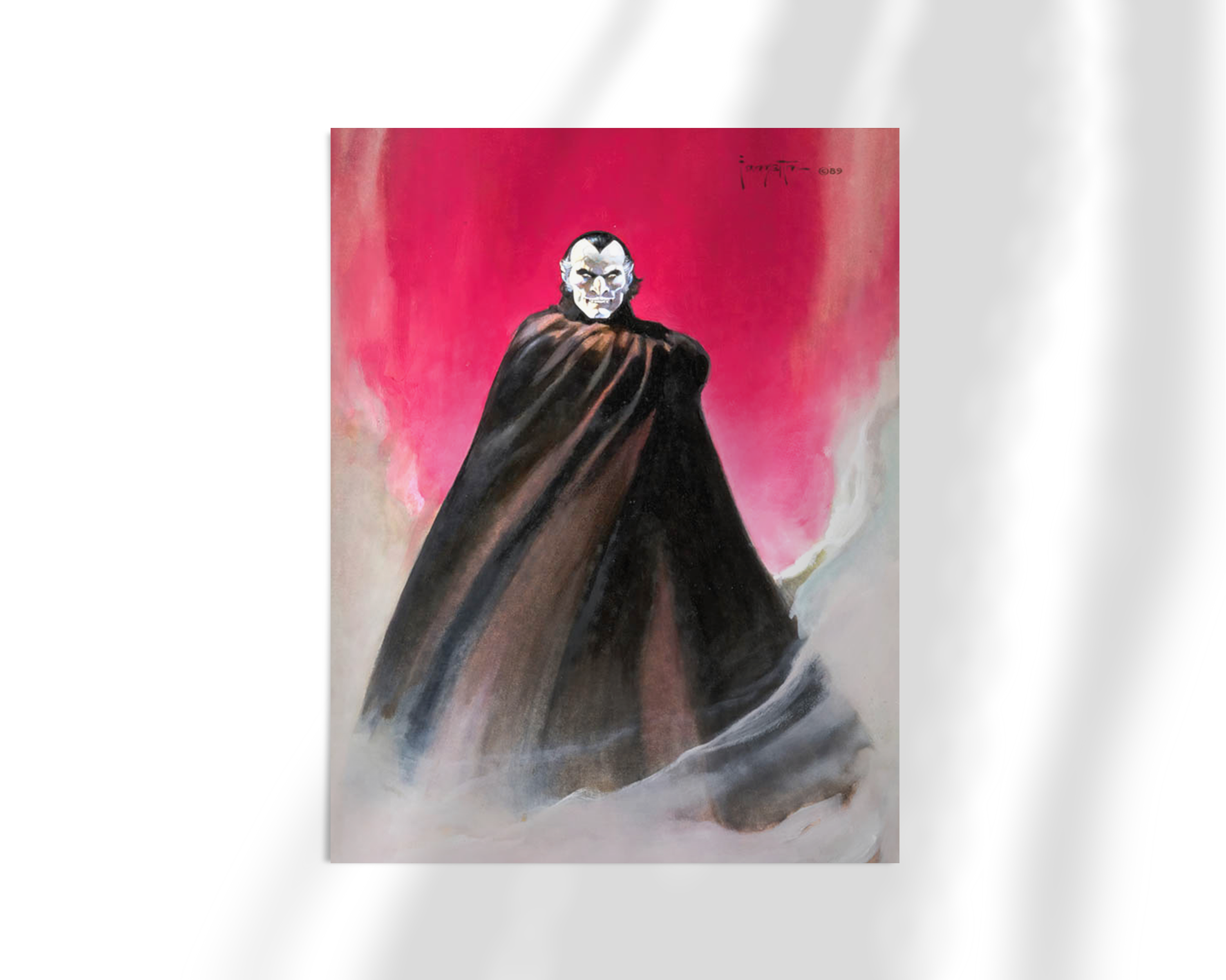 Unframed fine art print of Dracula by Frank Frazetta. The pale, stoic figure of Dracula stands wrapped in a billowing black cloak, framed by crimson fog. A classic portrayal of menace and elegance.