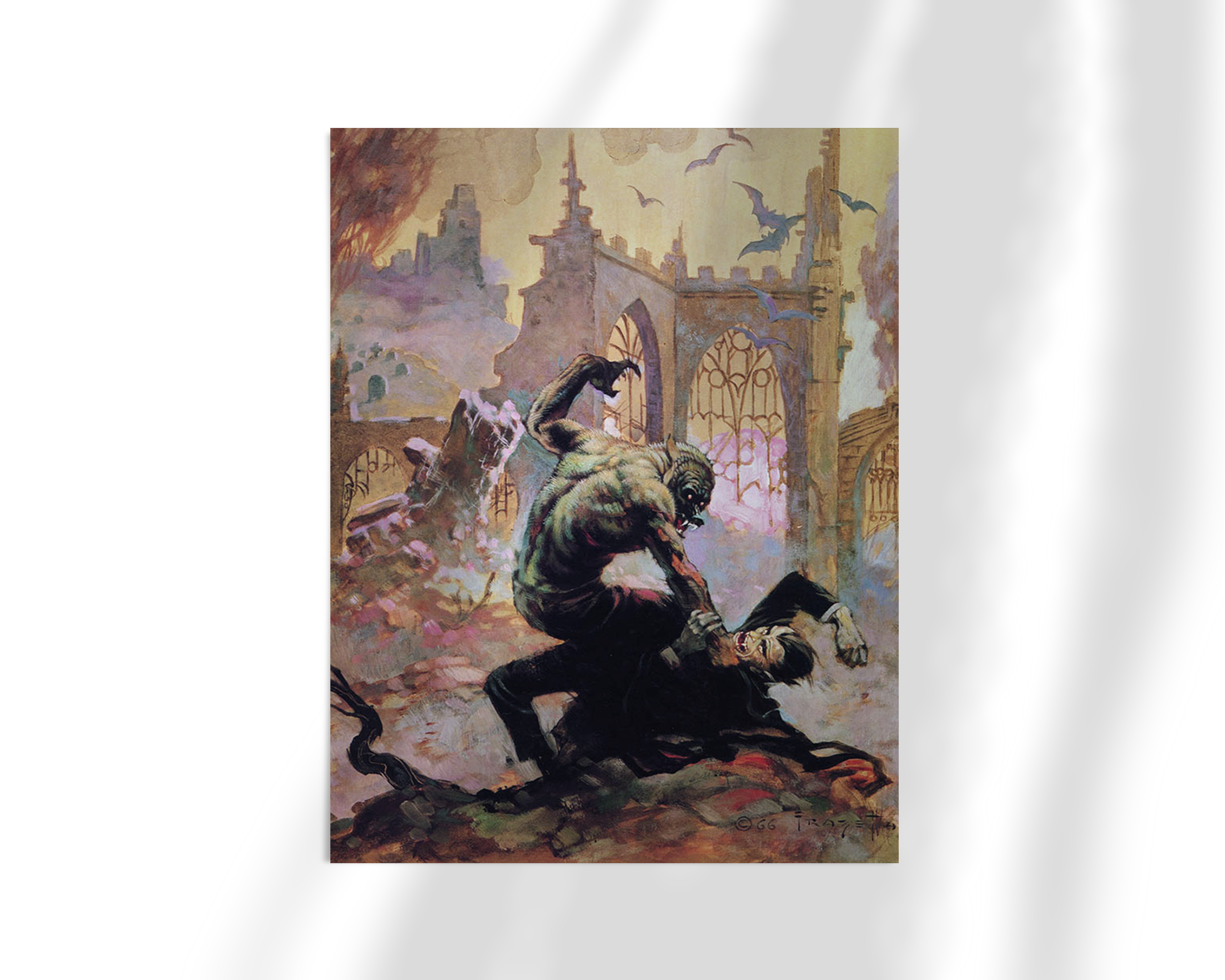Unframed fine art print of “Dracula Meets the Wolfman” by Frazetta, featuring Dracula locked in combat with the Wolfman in a dramatic, gothic setting.