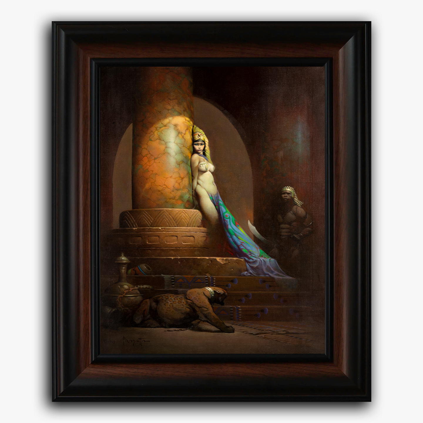 Framed fine art print of Frazetta’s Egyptian Queen, capturing a regal nude woman leaning against stone steps in a torchlit chamber.