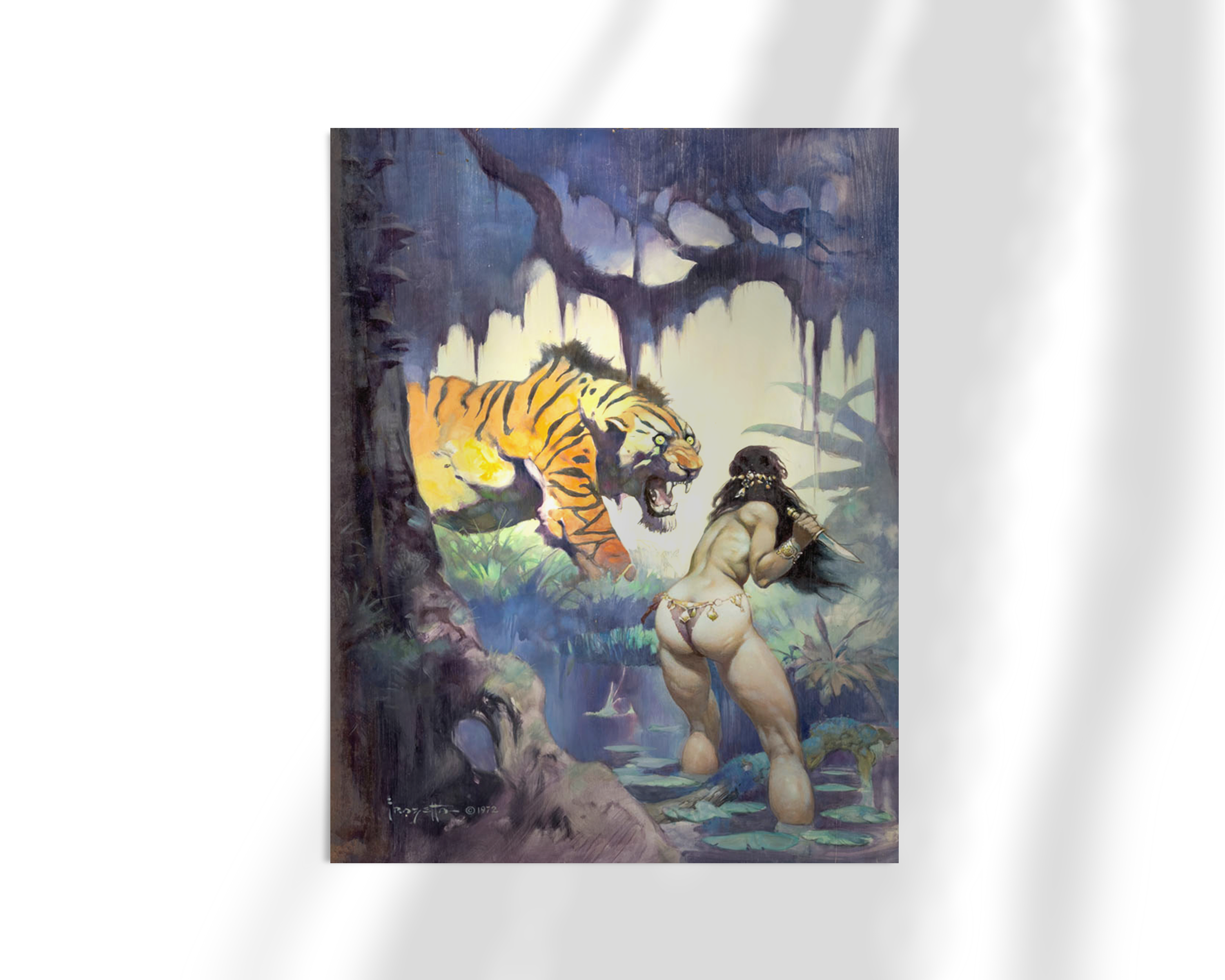 Unframed fine art print of Escape on Venus by Frank Frazetta, depicting a jungle standoff between a powerful woman and a tiger in a surreal alien landscape.