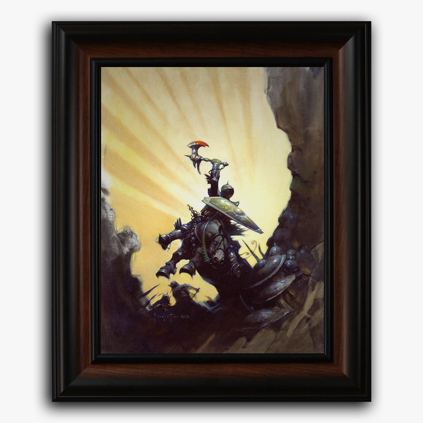 Framed fine art print of Frank Frazetta’s Eternal Champion, depicting a heroic warrior atop a rearing black steed, bathed in radiant light beams breaking through a shadowy canyon.