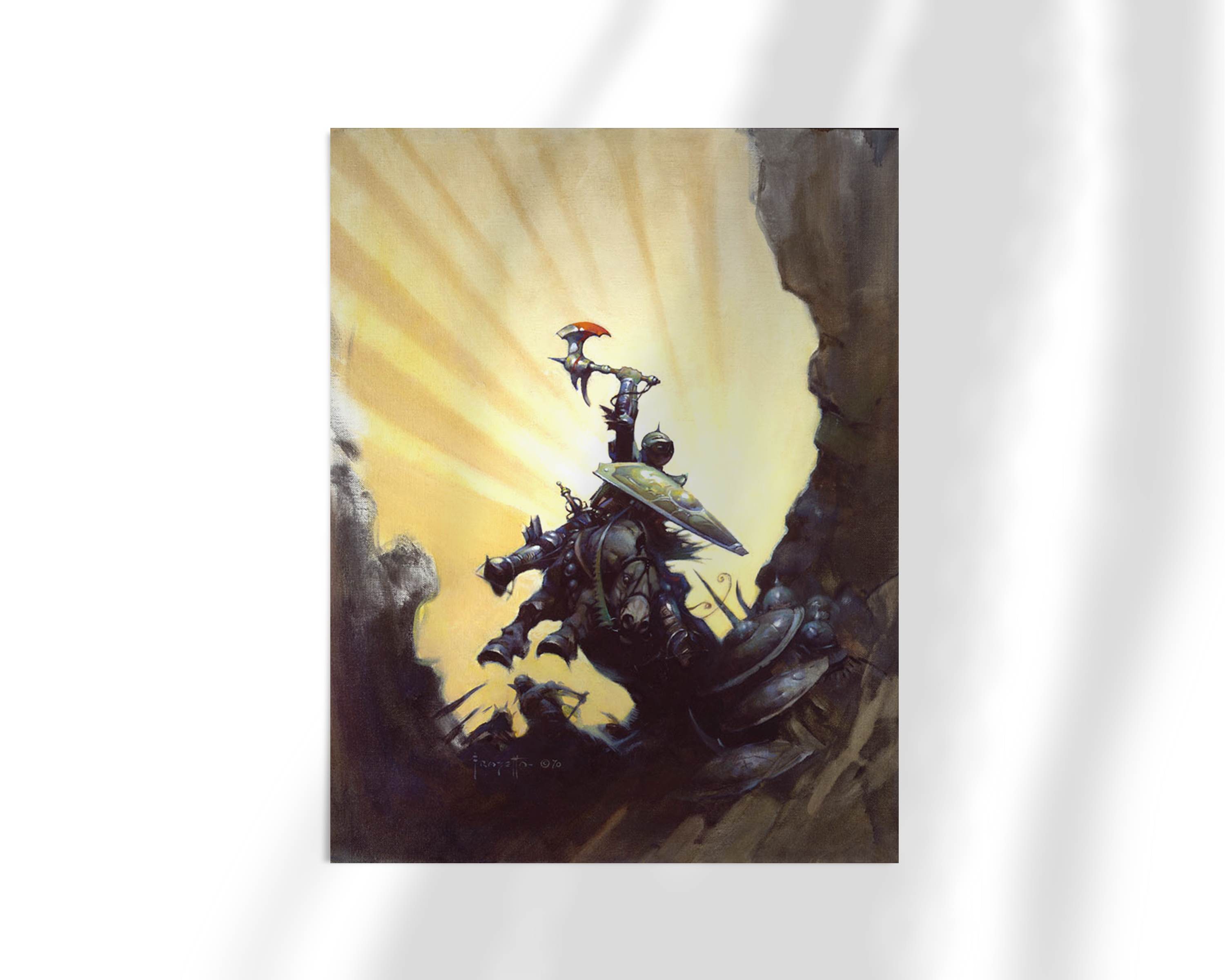 Unframed fine art print of Eternal Champion by Frank Frazetta, showing a defiant rider raising a gleaming sword as sunlight pierces the darkness behind him, evoking themes of triumph and destiny.