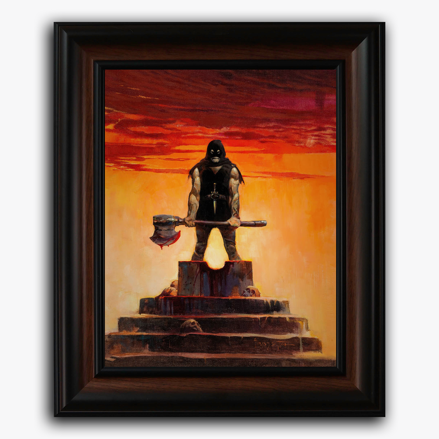 Framed fine art print of Frank Frazetta’s Executioner, depicting a dark, imposing figure standing atop a stone platform at sunset. The executioner grips a massive blood-stained axe, silhouetted against a glowing, ominous sky, evoking themes of judgment and finality.