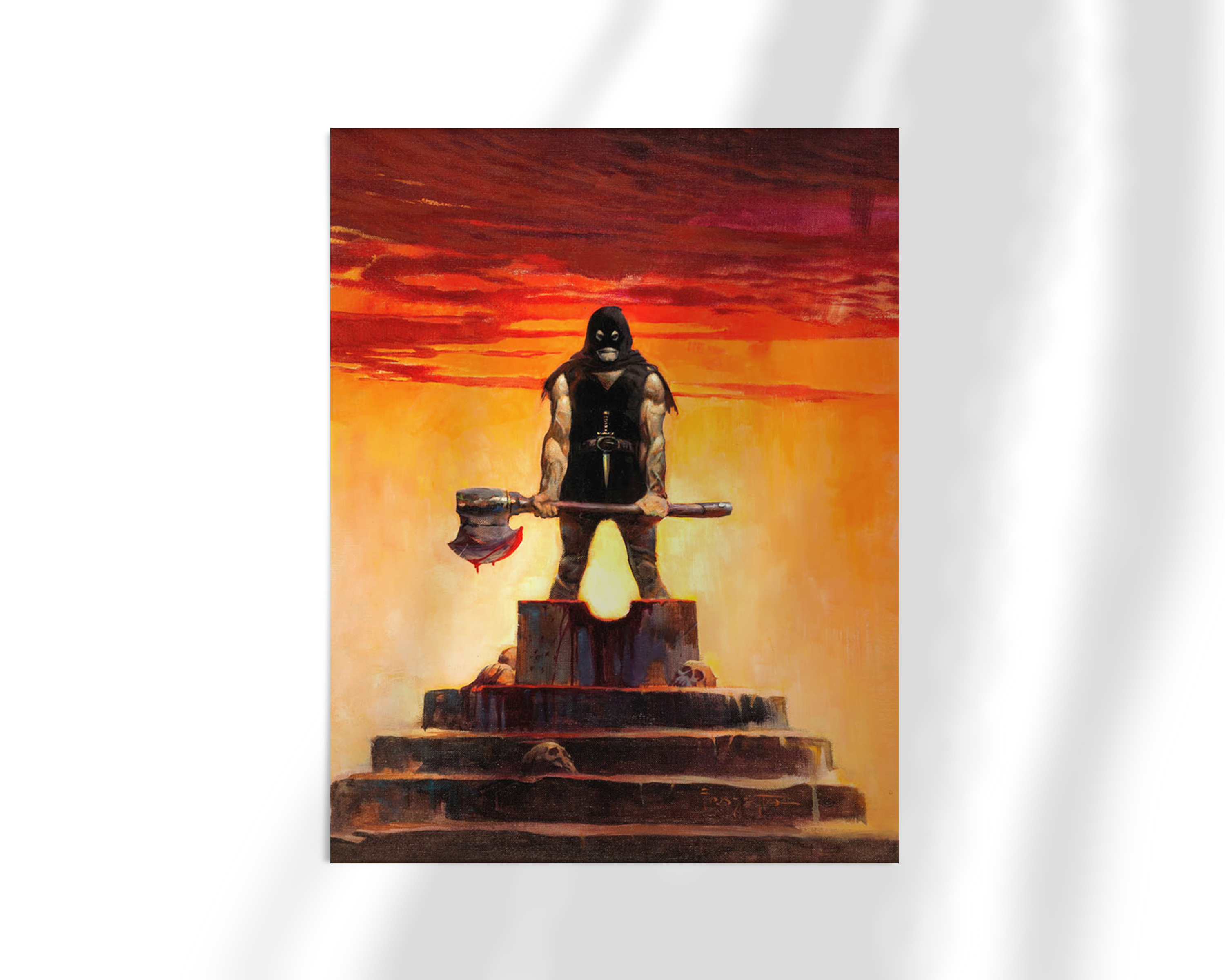 Unframed fine art print of Executioner by Frank Frazetta. A menacing figure towers over a stepped altar, bathed in the fiery glow of a sunset. His axe rests at his side, hinting at violence past or violence yet to come.