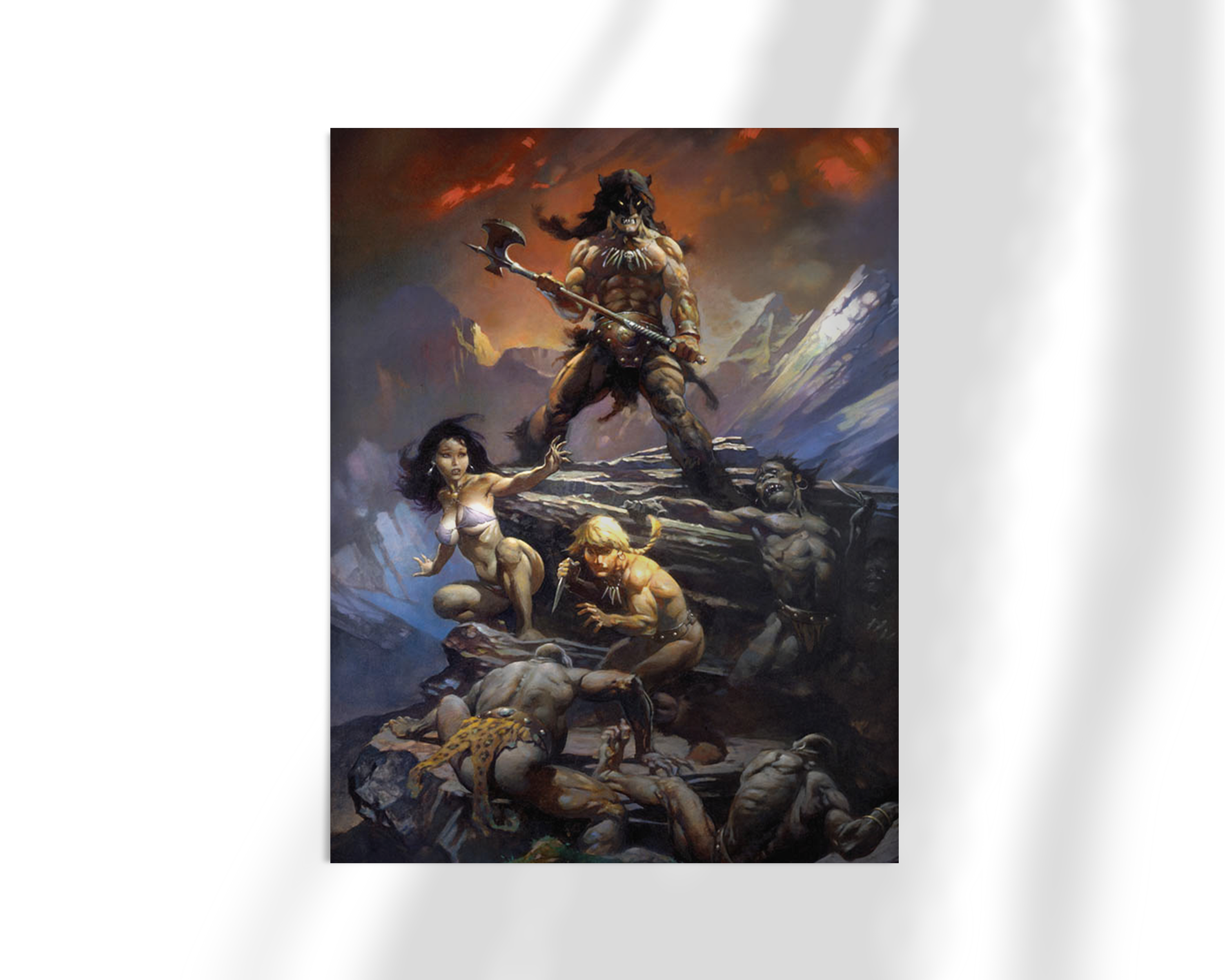 Unframed fine art print of Frazetta’s “Fire and Ice,” portraying a powerful fantasy battle scene with a heroic warrior and dramatic mountain backdrop.