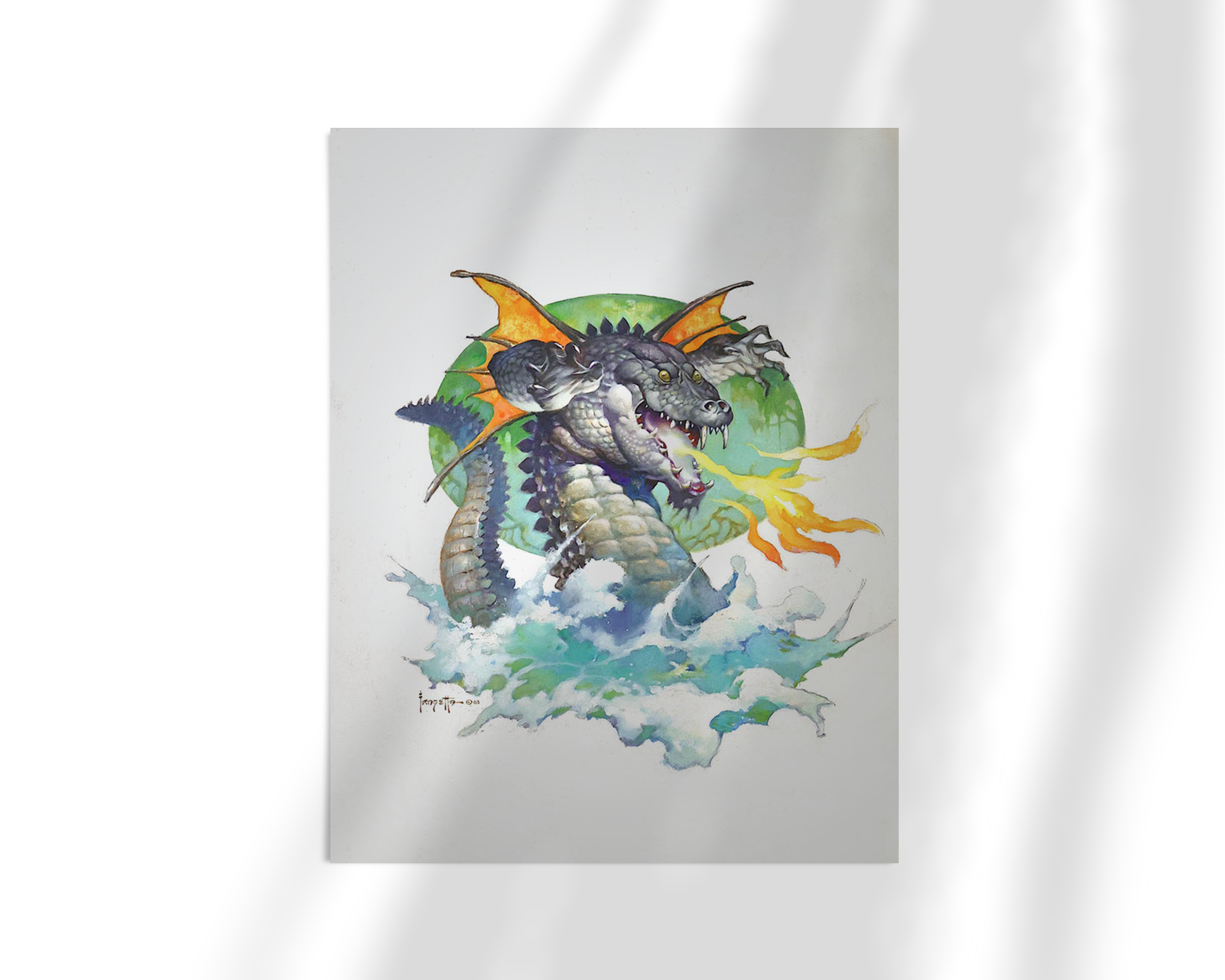 Unframed print of Flying Alligator by Frank Frazetta. A fierce dragon-like alligator flies above crashing waves, emitting a fiery breath. The scene captures raw power and mythic energy.