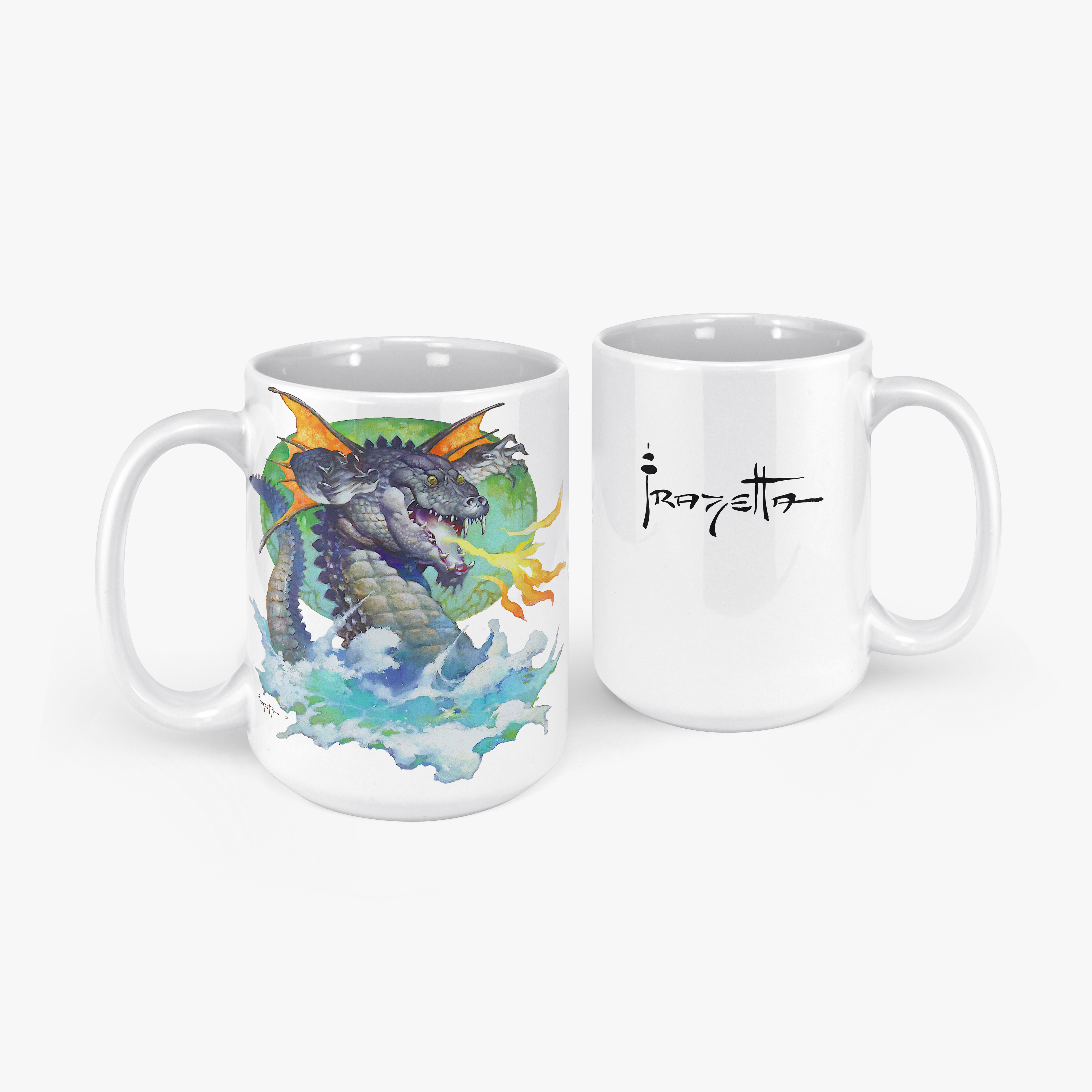 A white ceramic mug featuring Frank Frazetta&