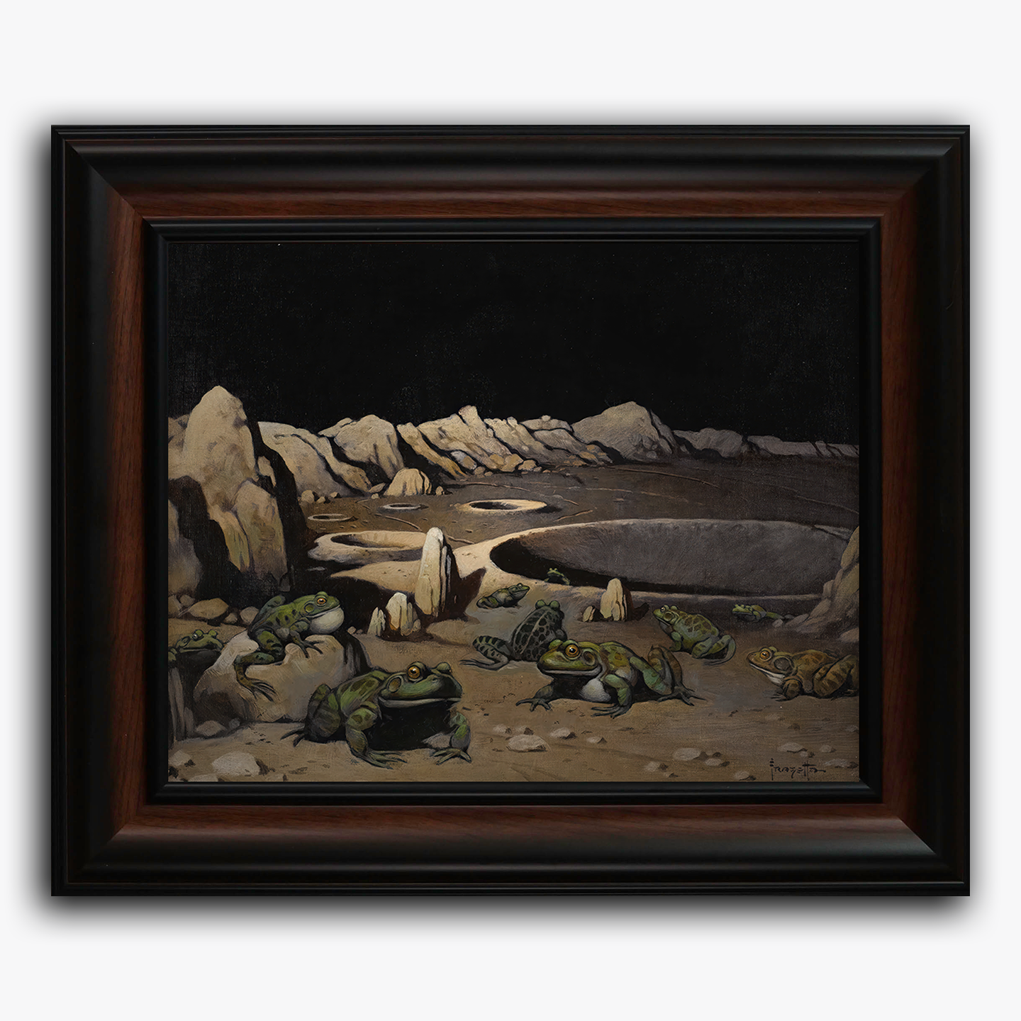 Framed fine art print of Frank Frazetta’s Frogs on the Moon, featuring a barren lunar landscape with pools of liquid and clusters of frog-like creatures scattered among rocky terrain under a black sky.
