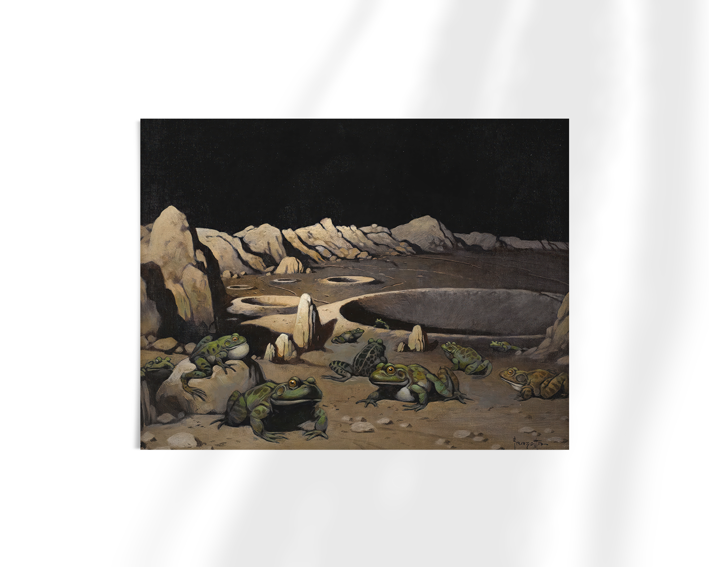Unframed fine art print of Frogs on the Moon by Frank Frazetta. Alien frogs gather in an eerie moonlit crater, their strange forms blending into a quiet, desolate moonscape.