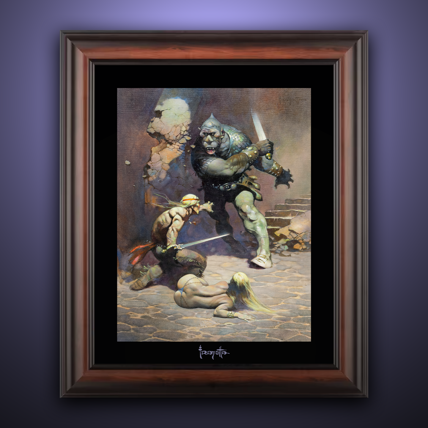 Framed Gallery Series print of "Moon Men" by Frank Frazetta, highlighting vivid colors and dynamic artwork with a deep black 1.5" matting