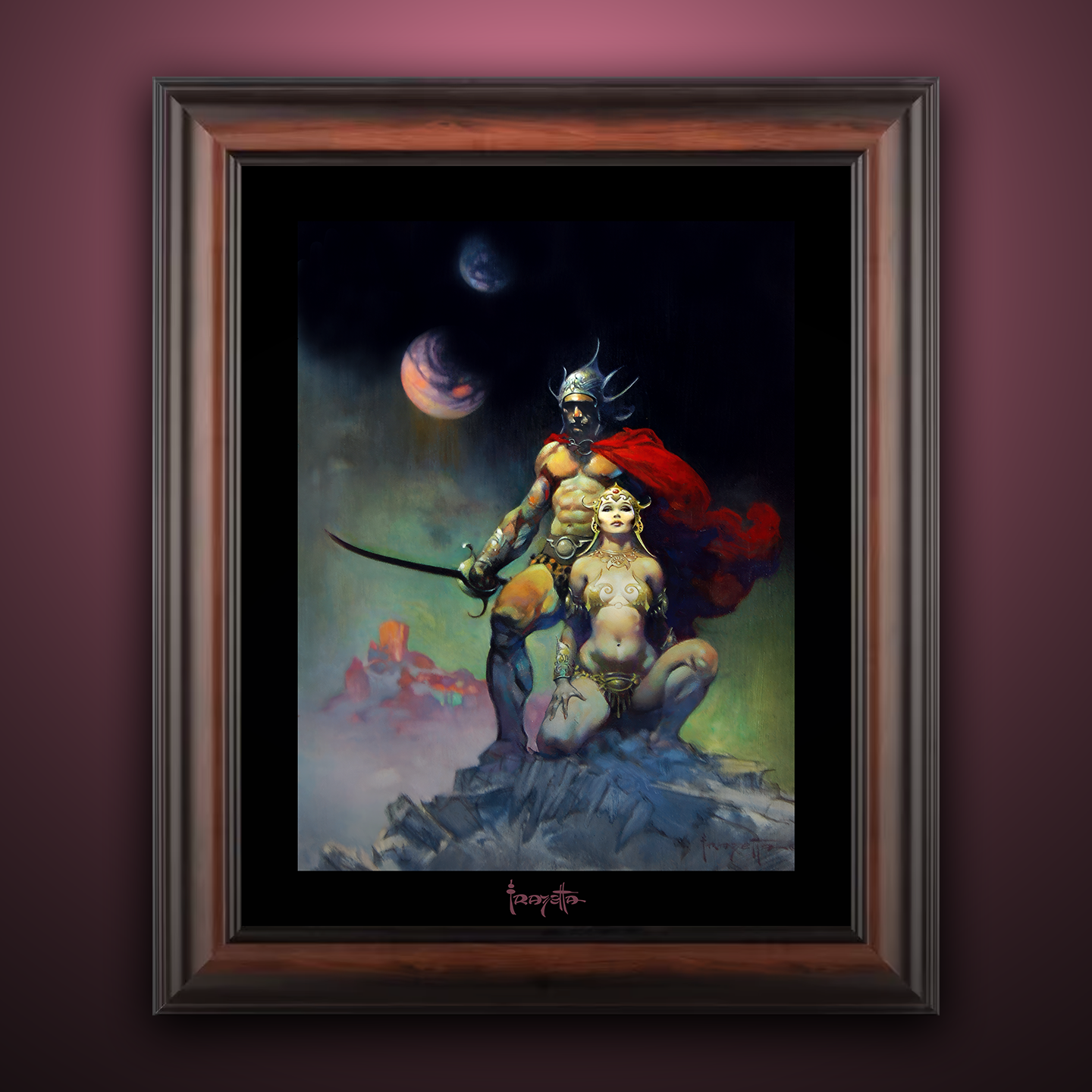 Framed Gallery Series print of "Swordsman of Mars" by Frank Frazetta, highlighting vivid colors and dynamic artwork with a deep black 1.5" matting.