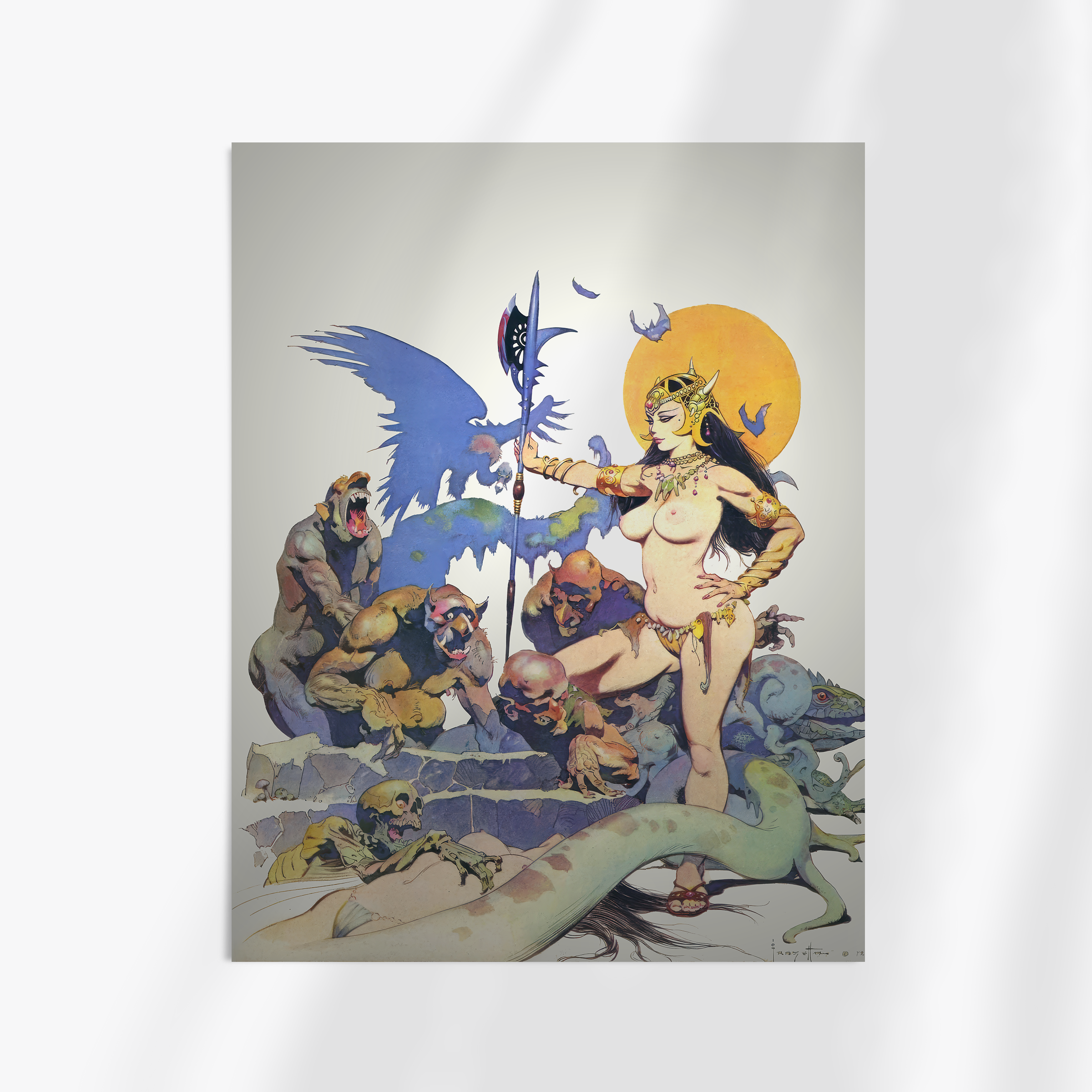 Unframed print of Frank Frazetta’s “Ghoul Queen,” depicting a bold female figure in the center of a twisted, monstrous landscape with eerie detail.