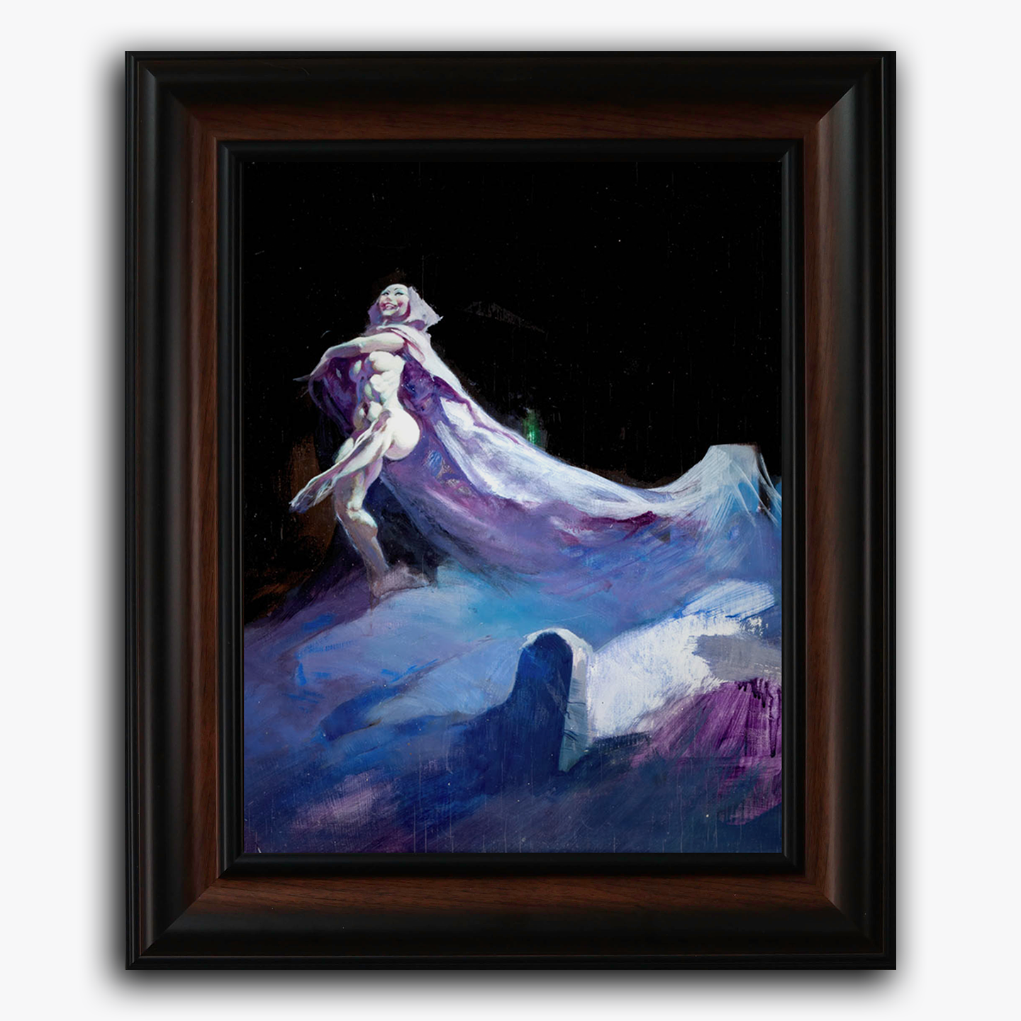 Framed fine art print of Frank Frazetta’s Grave Dancer, showcasing a ghostly female figure in a flowing lavender gown dancing across a graveyard under the black of night, her form ethereal and otherworldly.