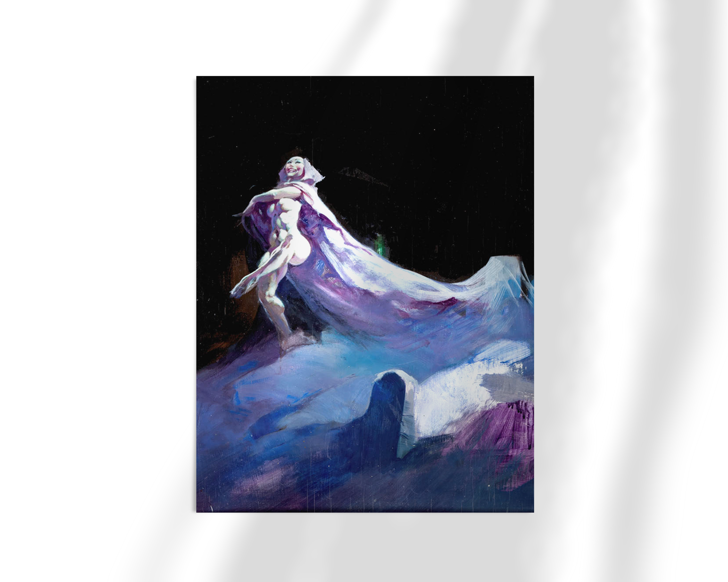 Unframed fine art print of Grave Dancer by Frank Frazetta. A spectral woman glides with haunting grace over snow-covered graves, her long veil trailing behind her in a surreal, dreamlike scene.