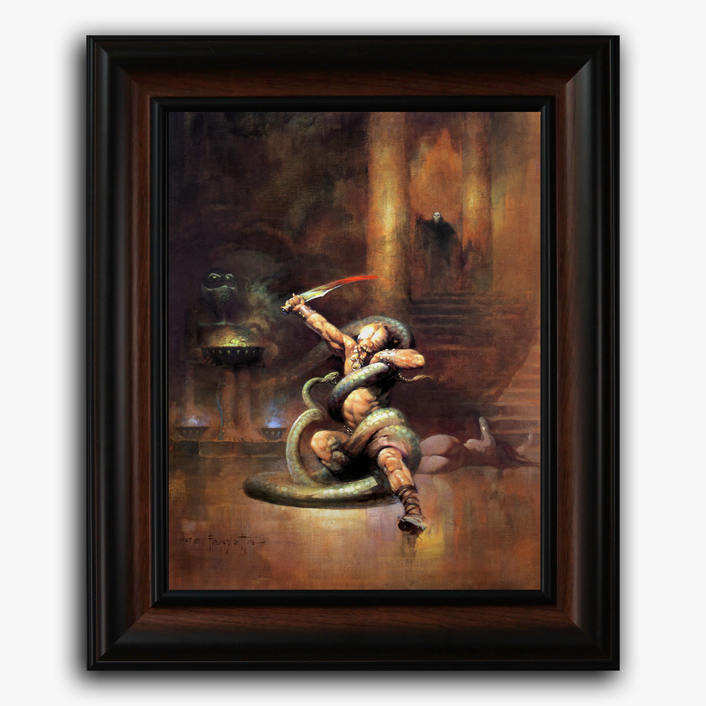 Framed fine art print of Frank Frazetta’s Green Death, depicting a powerful scene of a heroic figure battling a giant serpent in an ancient, mysterious temple. The dramatic lighting and intense action convey Frazetta’s iconic energy and sense of danger.