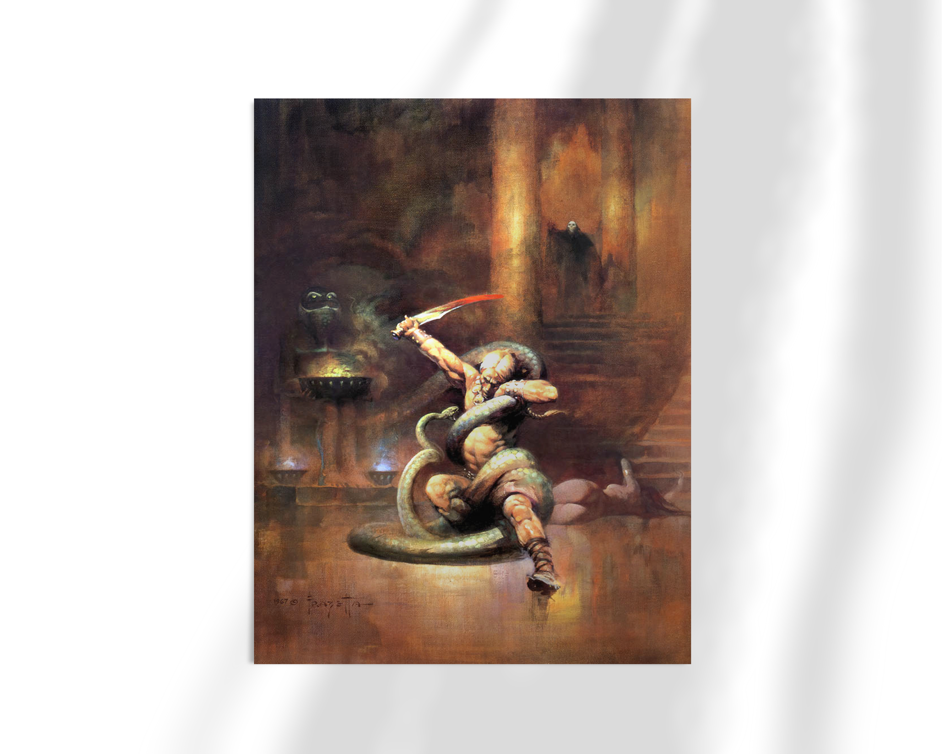 Unframed print of Green Death by Frank Frazetta, featuring an epic confrontation between a warrior and a giant snake in a dark, ancient environment. The dynamic composition and bold use of shadow bring out the tension and fierce action.