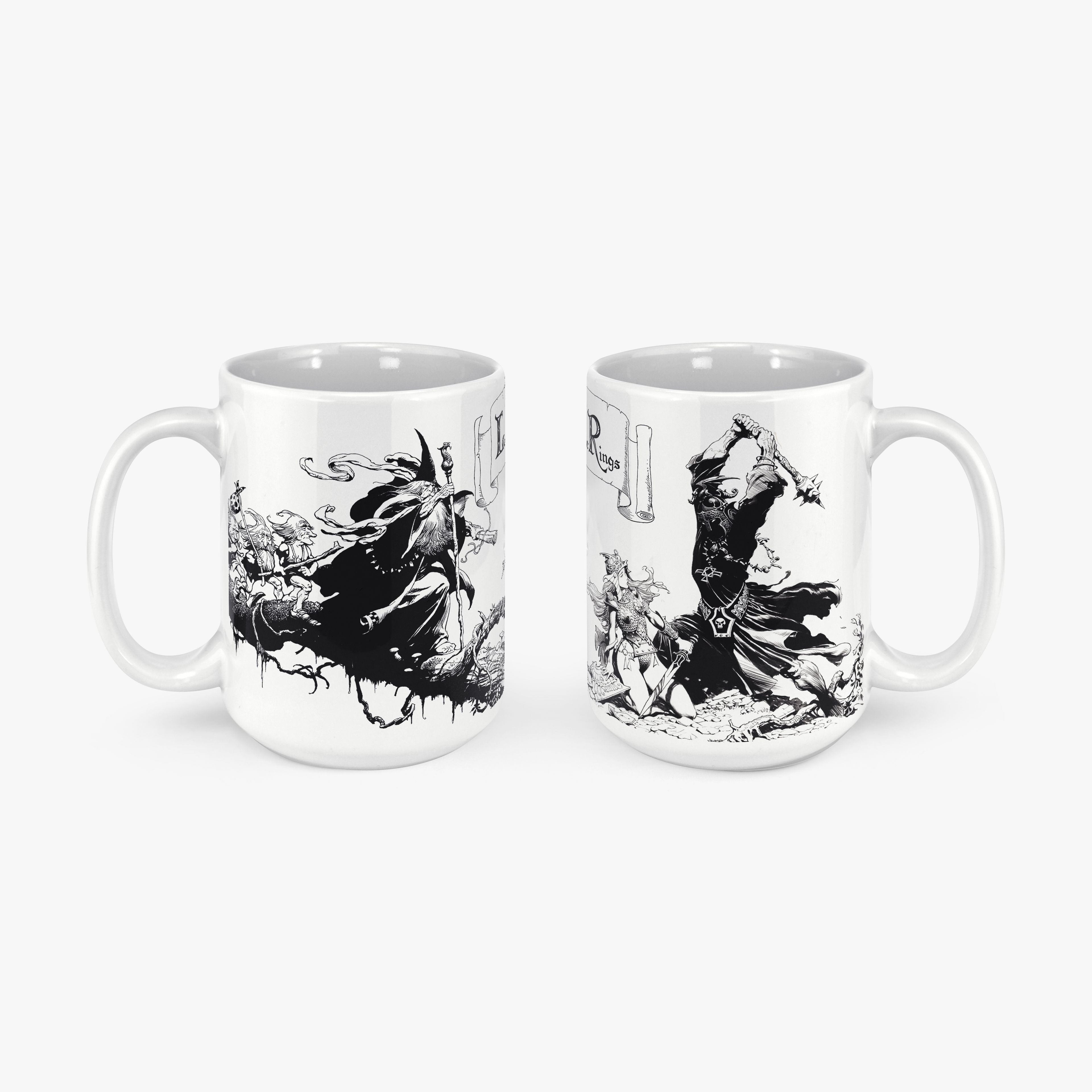 A white ceramic mug featuring Frank Frazetta&