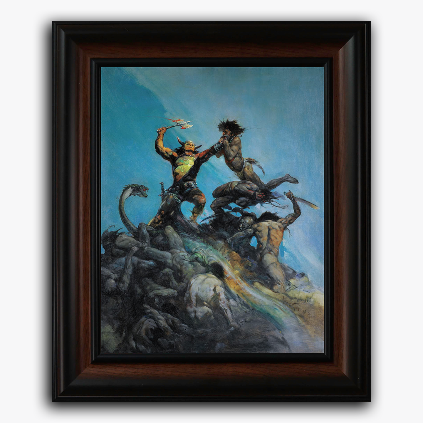 Framed fine art print of Frank Frazetta’s Indomitable, featuring a heroic warrior locked in fierce hand-to-hand combat with a group of men on a rocky, windswept peak beneath a vibrant blue sky.