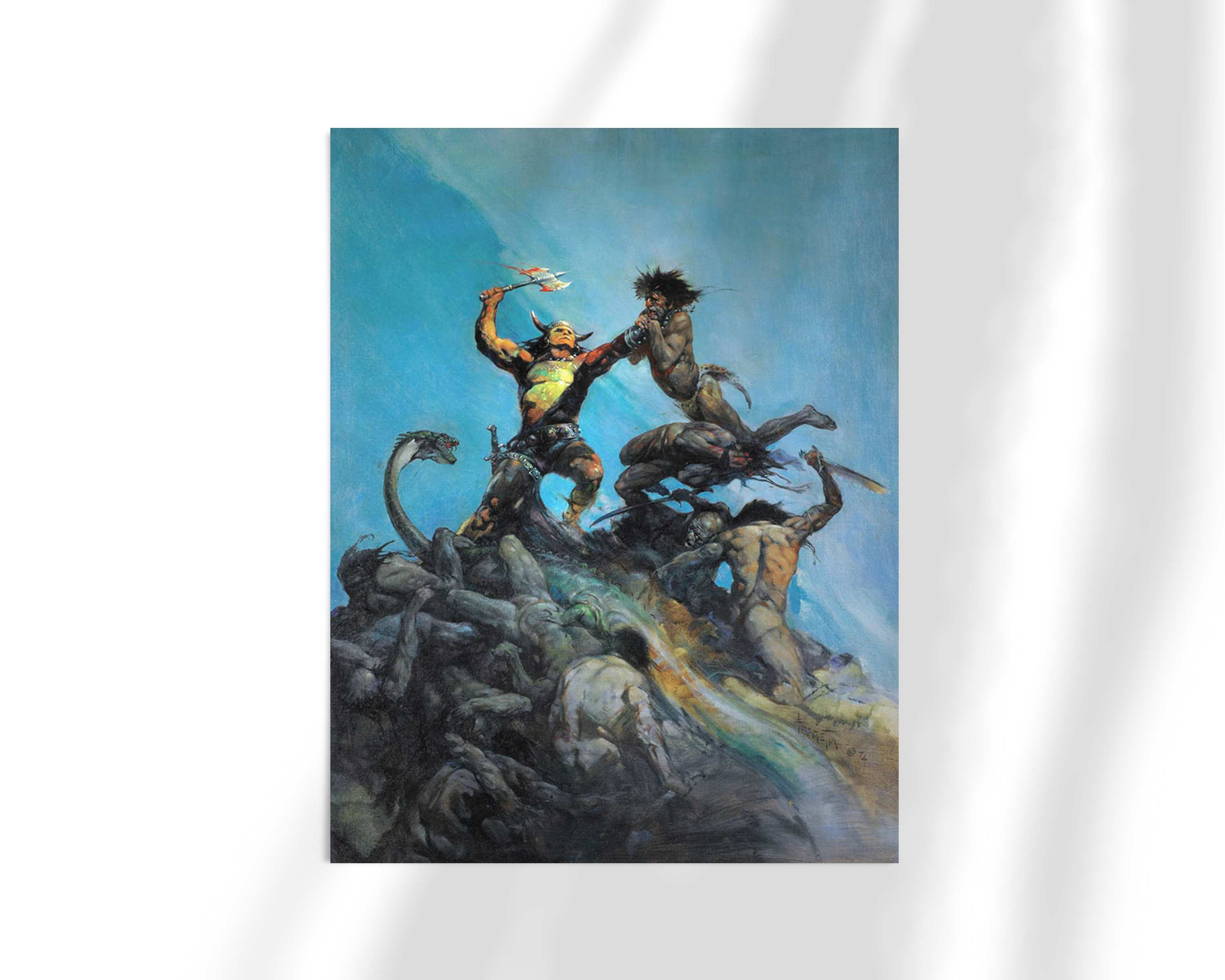 Unframed fine art print of Indomitable by Frank Frazetta, illustrating a powerful clash between a man and a group of men atop a rugged mountain, the intensity of their struggle captured in dynamic motion.
