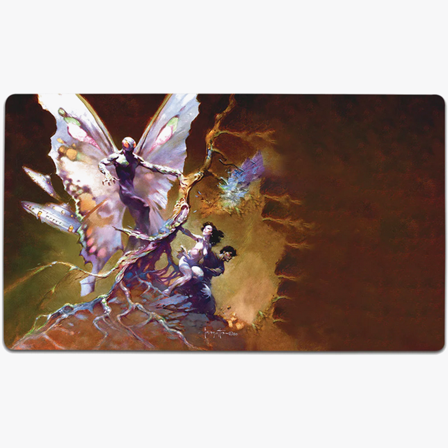This image showcases a playmat featuring Frank Frazetta&