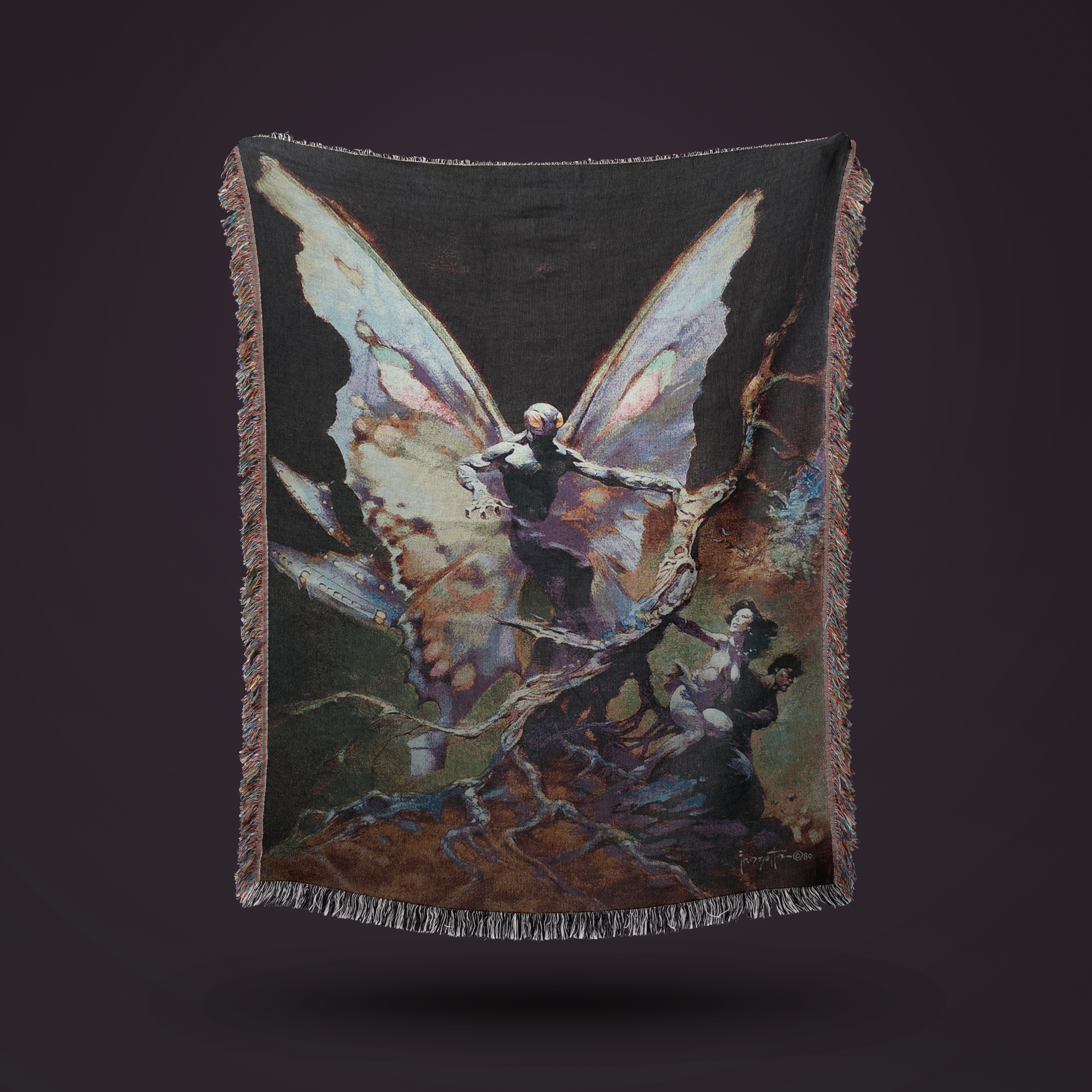 Frazetta’s Mothman Jacquard Woven Blanket – Fantasy Art Tapestry Featuring Frank Frazetta’s Iconic Painting
