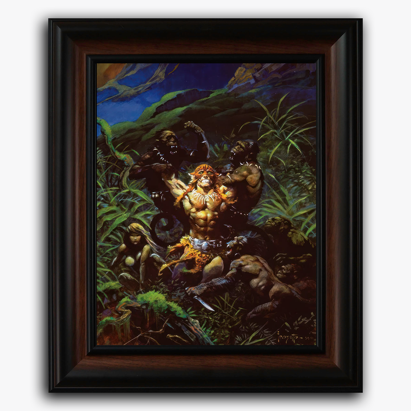 Framed fine art print of Frank Frazetta’s Jaguar God I, depicting a muscular warrior locked in intense battle with a group of foes amidst dense jungle foliage, illuminated under a twilight sky.