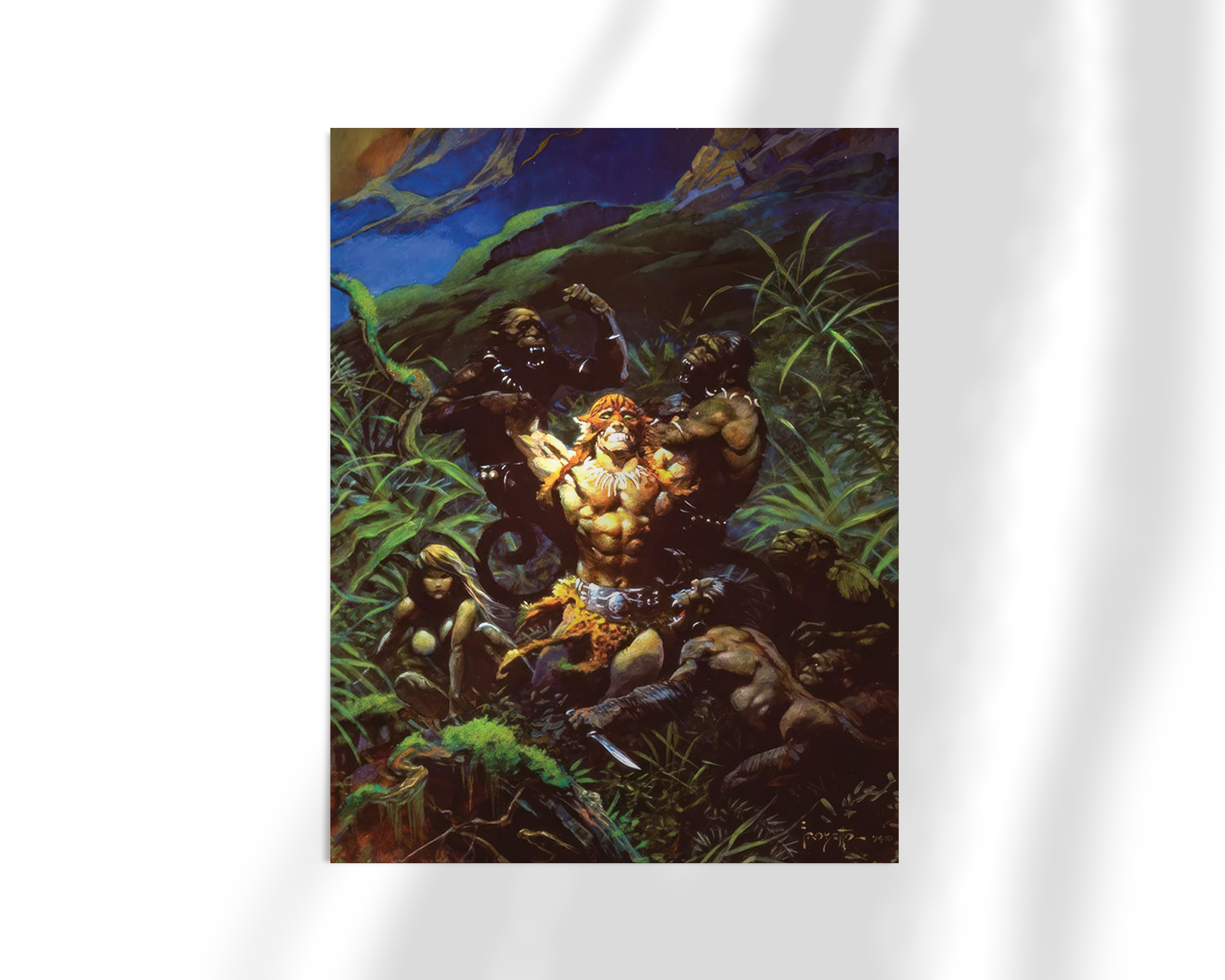 Unframed fine art print of Jaguar God I by Frank Frazetta, showing a powerful barbarian figure in the heat of combat, surrounded by enemies in a lush and chaotic jungle setting.