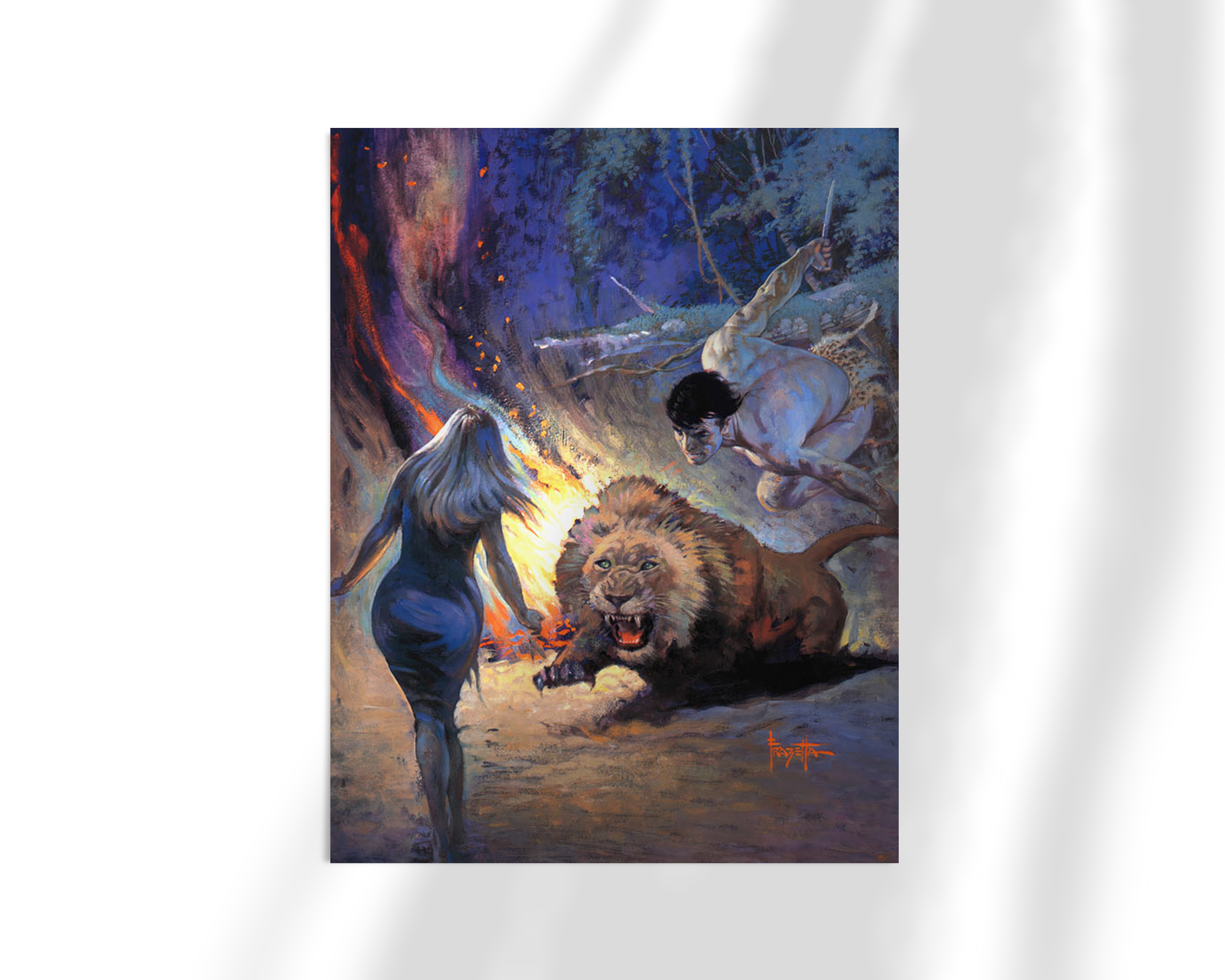 Unframed fine art print of Jewels of Opar by Frank Frazetta, featuring an intense jungle encounter with a fierce lion illuminated by firelight as two figures fend off a lion.