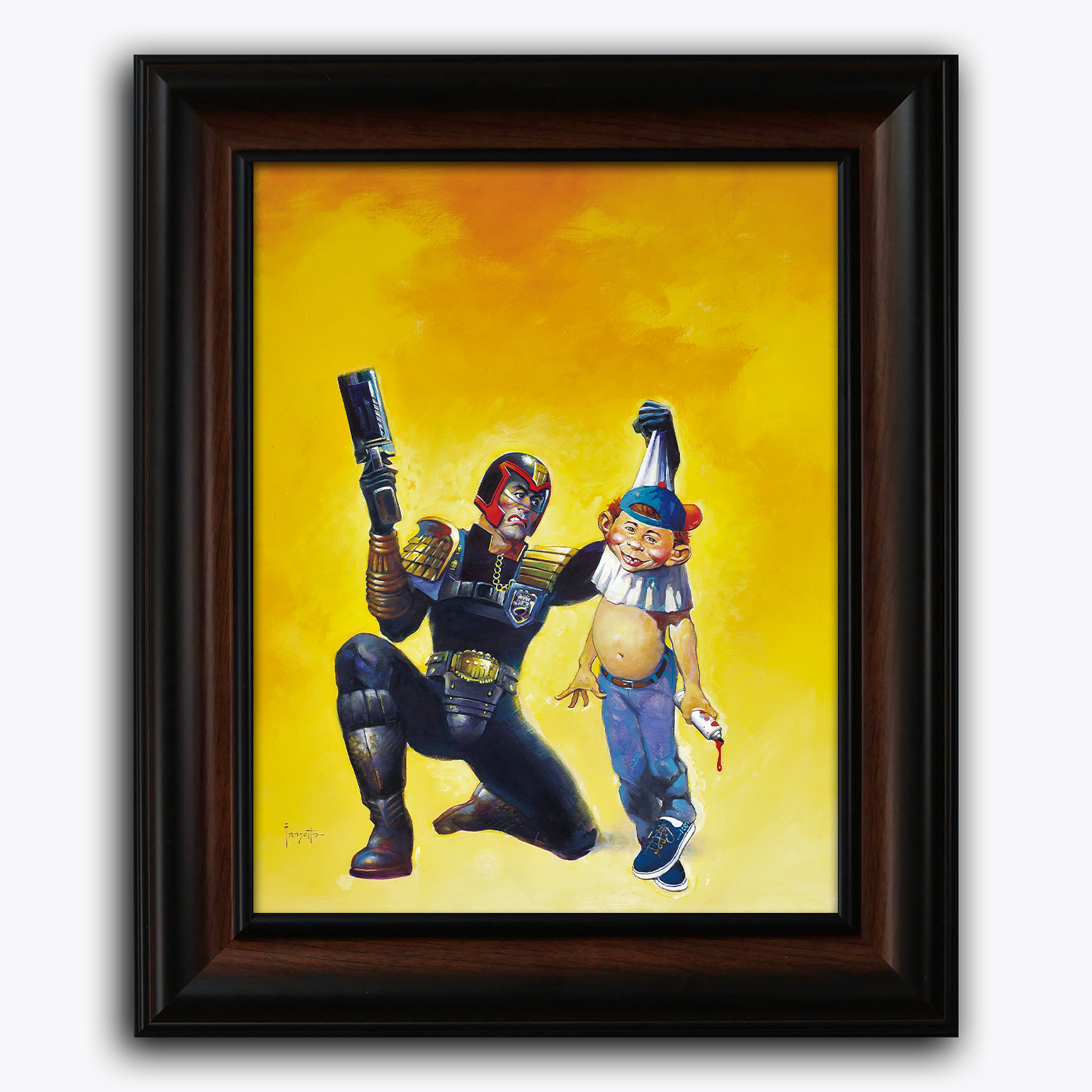 Framed fine art print of Frank Frazetta’s Judge Dreddful, featuring a dynamic and humorous moment with a heroic, armored figure in a futuristic setting alongside a whimsical, smaller character against a bold yellow background.