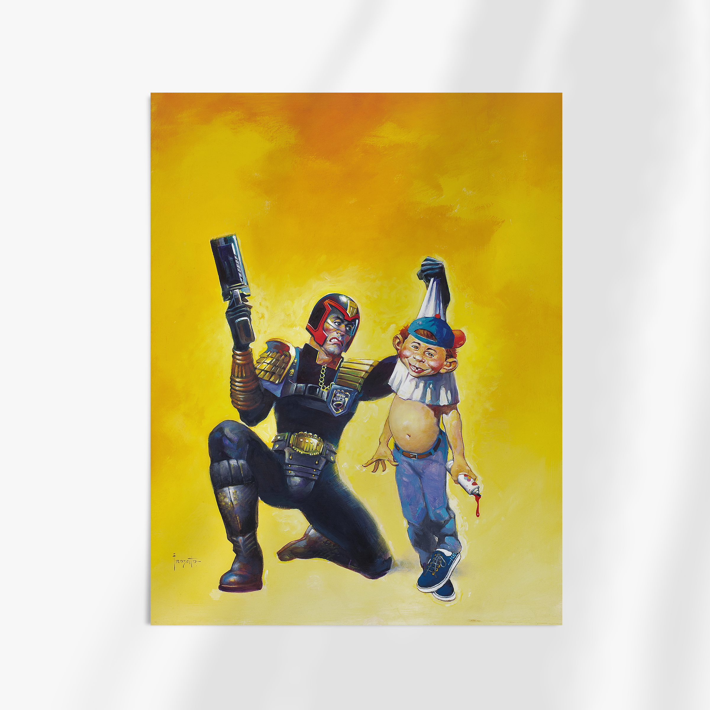 Unframed print of Frazetta’s Judge Dreddful, showing an imposing, futuristic figure in full armor and an amusing sidekick with contrasting features, set against an energetic yellow backdrop.