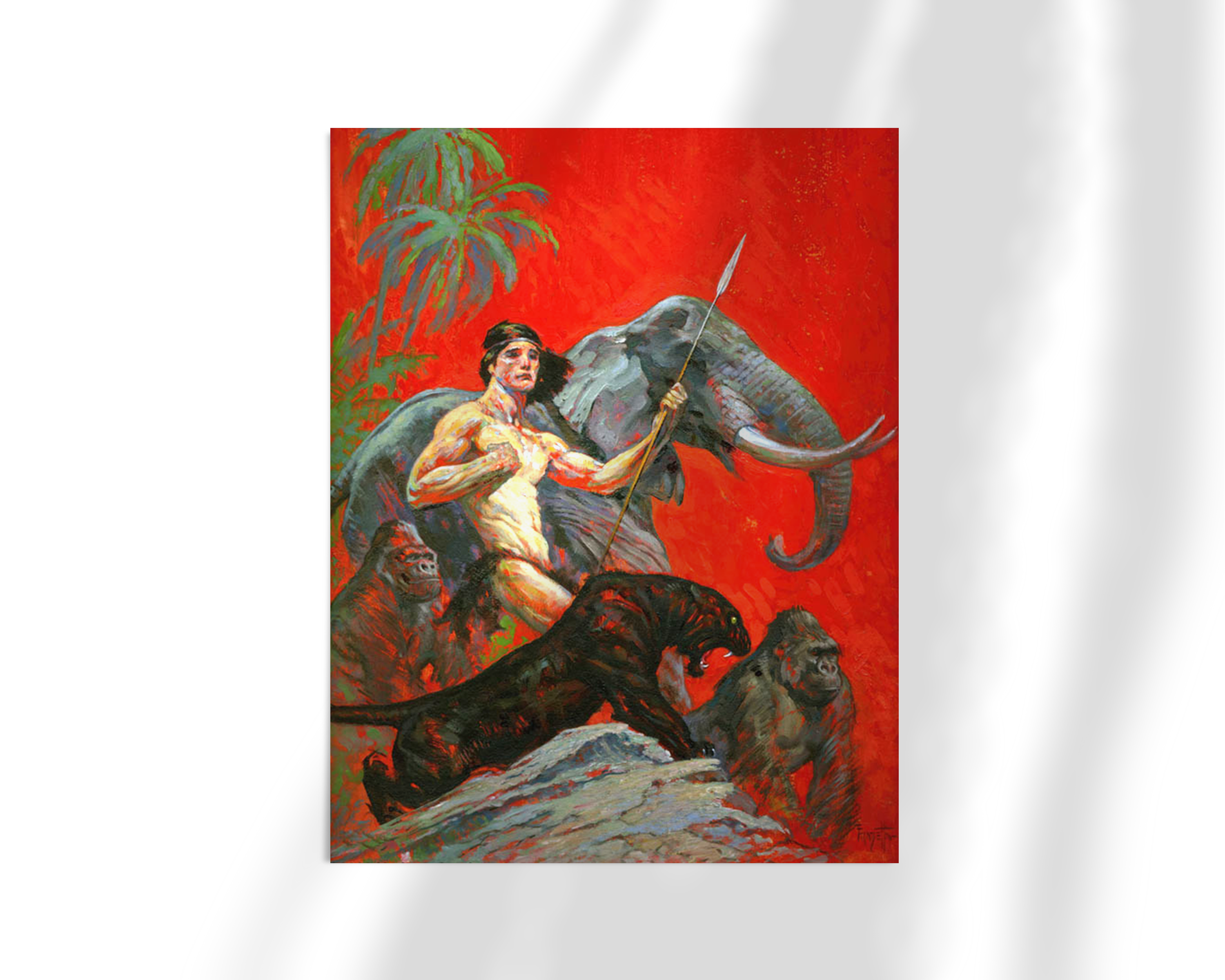 Unframed fine art print of Jungle Beasts by Frank Frazetta, depicting a muscular man and exotic animals poised atop a rocky jungle scene with a bold red backdrop.