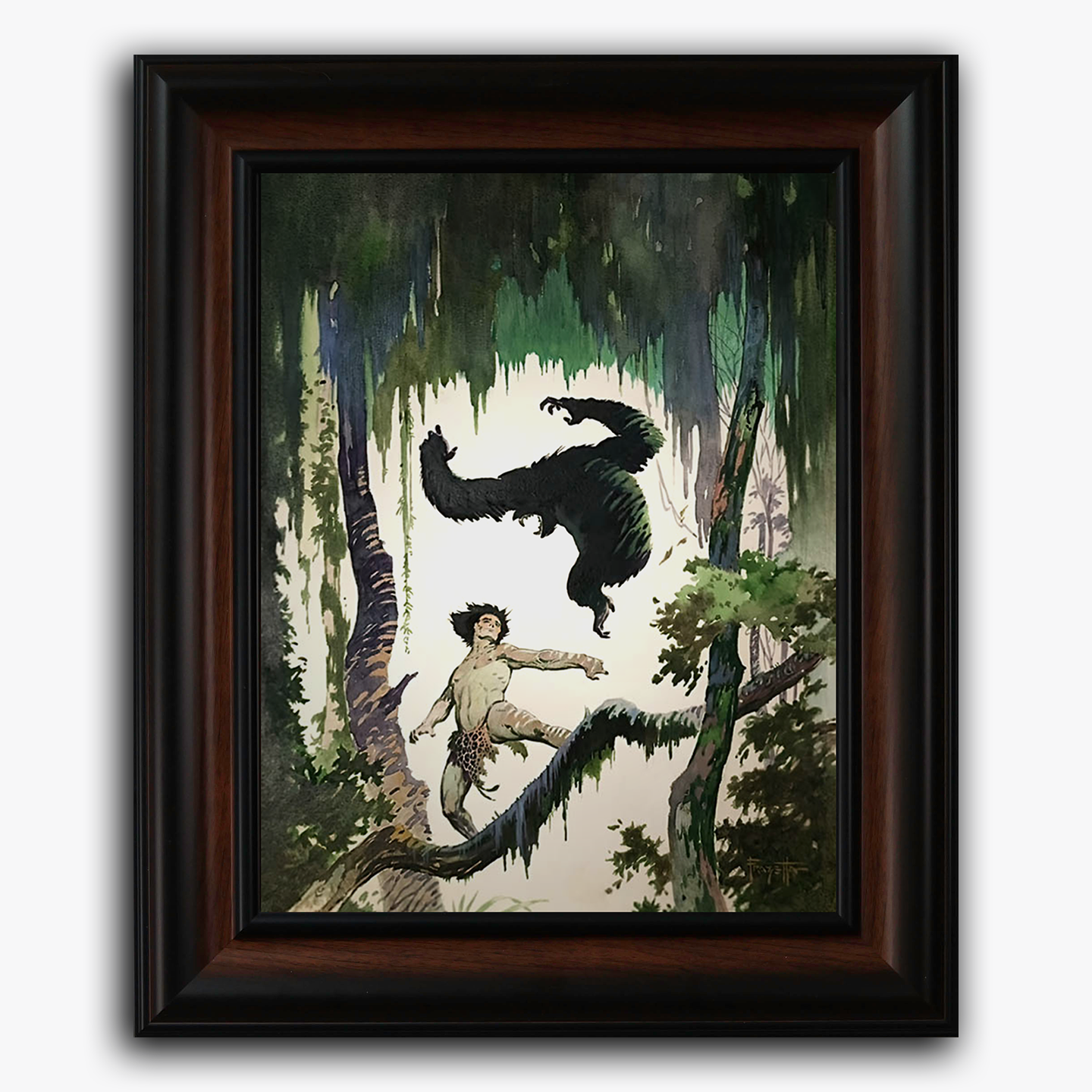 Framed fine art print of Frank Frazetta’s Jungle Tales, depicting a tense moment as a man in jungle attire faces off against a gorilla leaping through the air amidst a dense, vibrant jungle canopy.