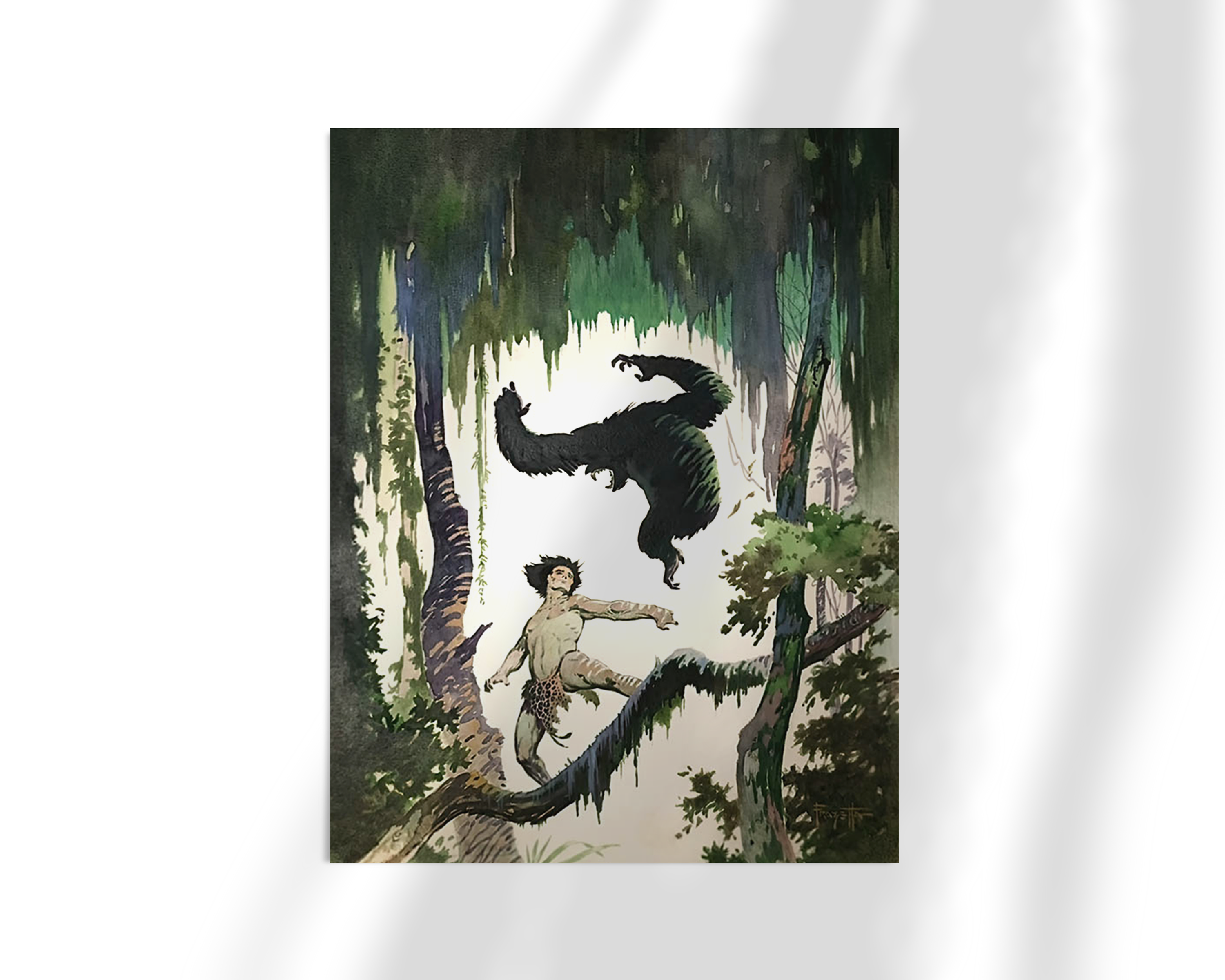 Unframed fine art print of Jungle Tales by Frank Frazetta. A dramatic jungle scene with a man on a branch confronting a mid-air gorilla, surrounded by deep greens and stark lighting.