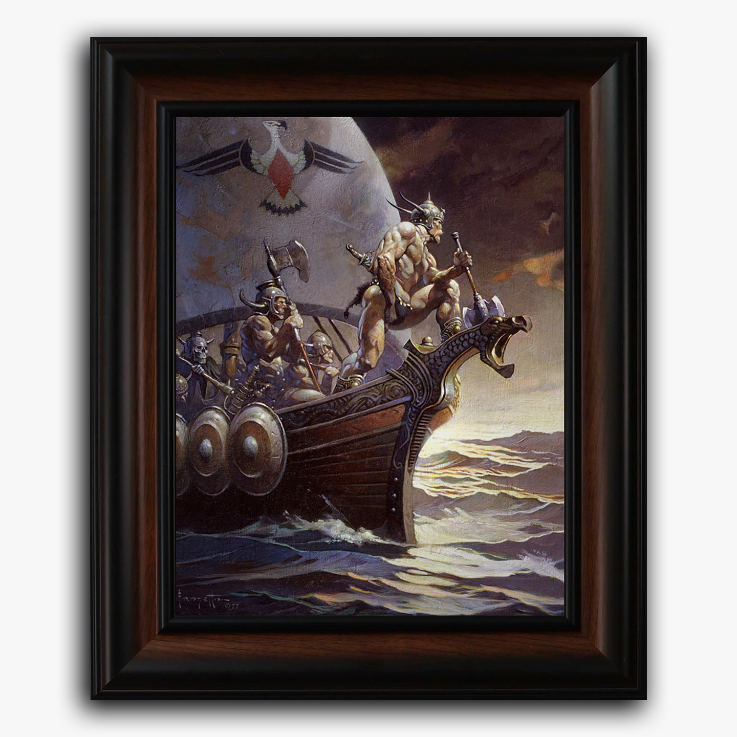 Framed fine art print of Frank Frazetta’s “Kane on the Golden Sea,” depicting a fierce warrior standing on the prow of a Viking-like ship as it sails across glowing waters.