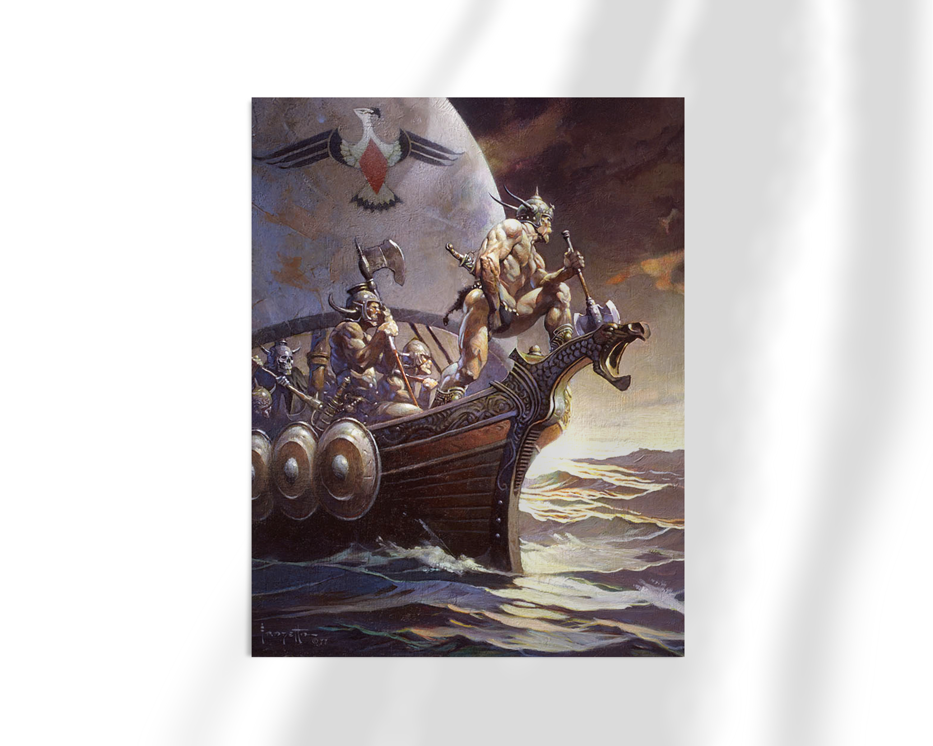 Unframed fine art print of “Kane on the Golden Sea” by Frazetta, showing a powerful armored figure leading a ship of warriors beneath a dramatic sky.