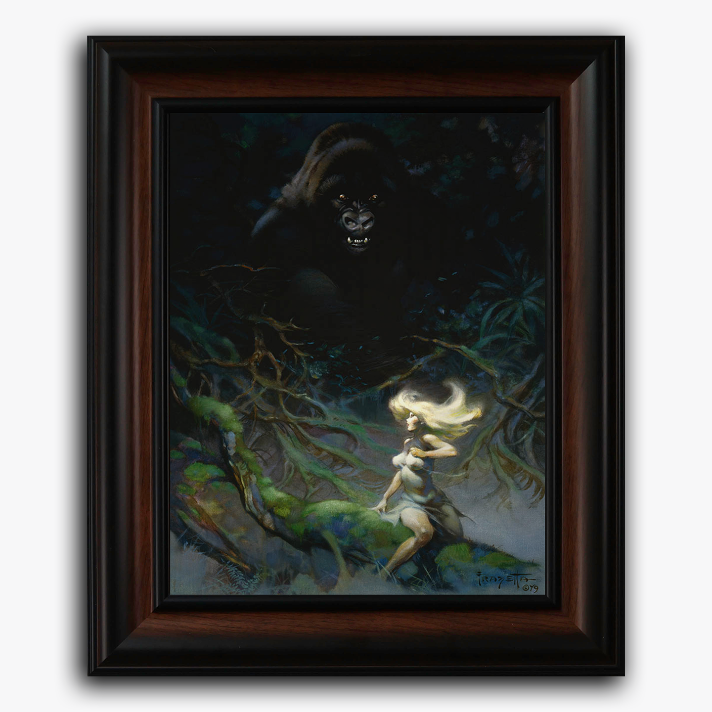 Framed fine art print of Frank Frazetta’s King Kong, capturing the iconic moment as a glowing blonde woman flees across a jungle branch, unaware of the looming, shadowed form of King Kong emerging from the darkness above.
