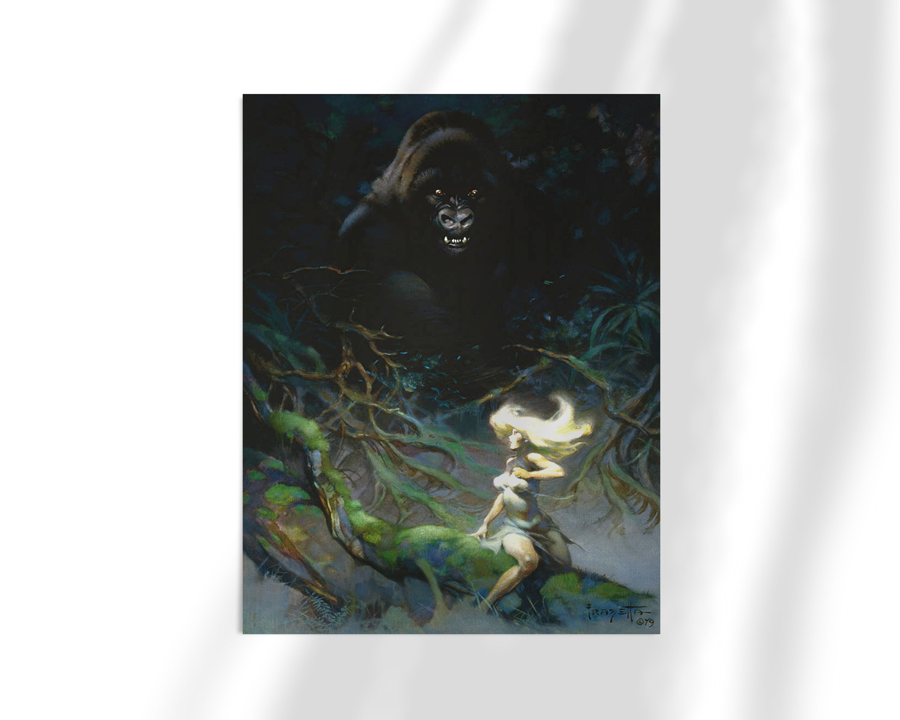 Unframed fine art print of King Kong by Frank Frazetta, featuring a blonde woman illuminated in moonlight while the enormous, menacing figure of King Kong watches from the shadows of the twisted jungle canopy.