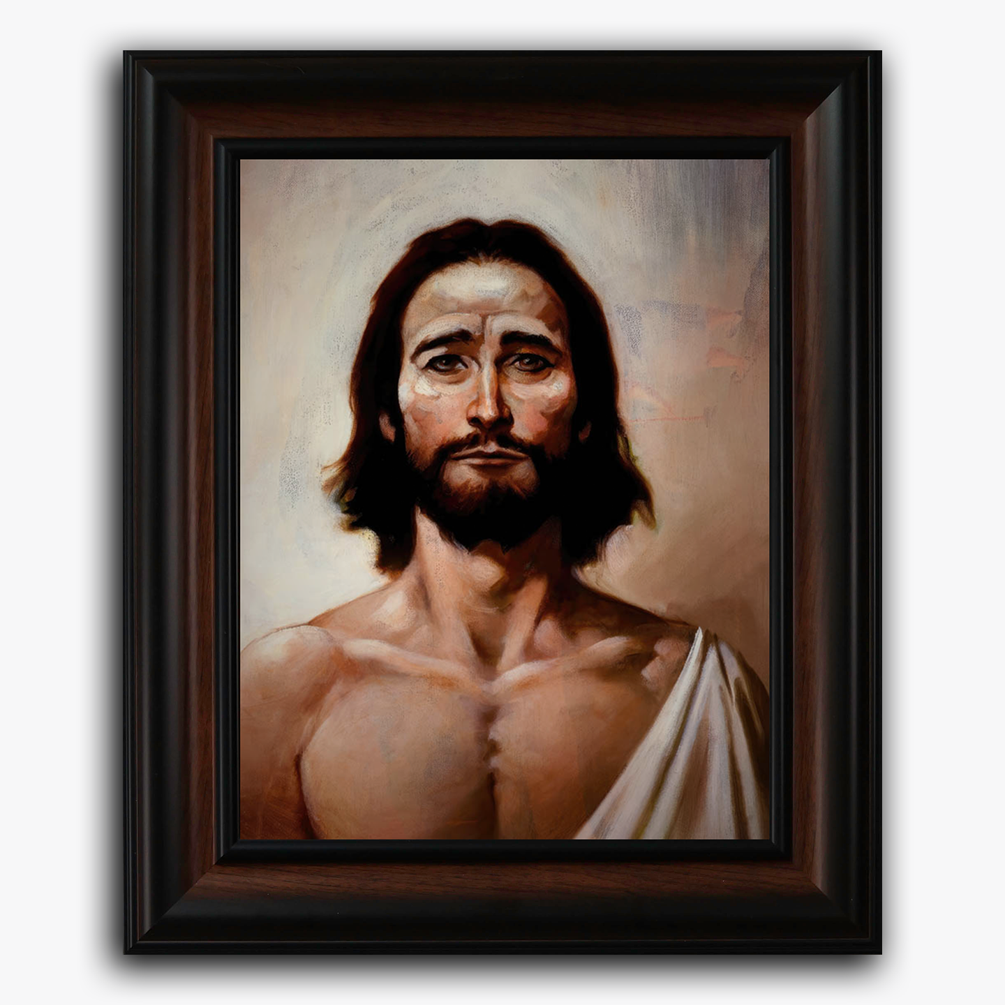 Framed fine art print of Frank Frazetta’s King of Kings, portraying a solemn, strong depiction of Christ with expressive eyes and a gentle light cast over his bare shoulders and white robe.