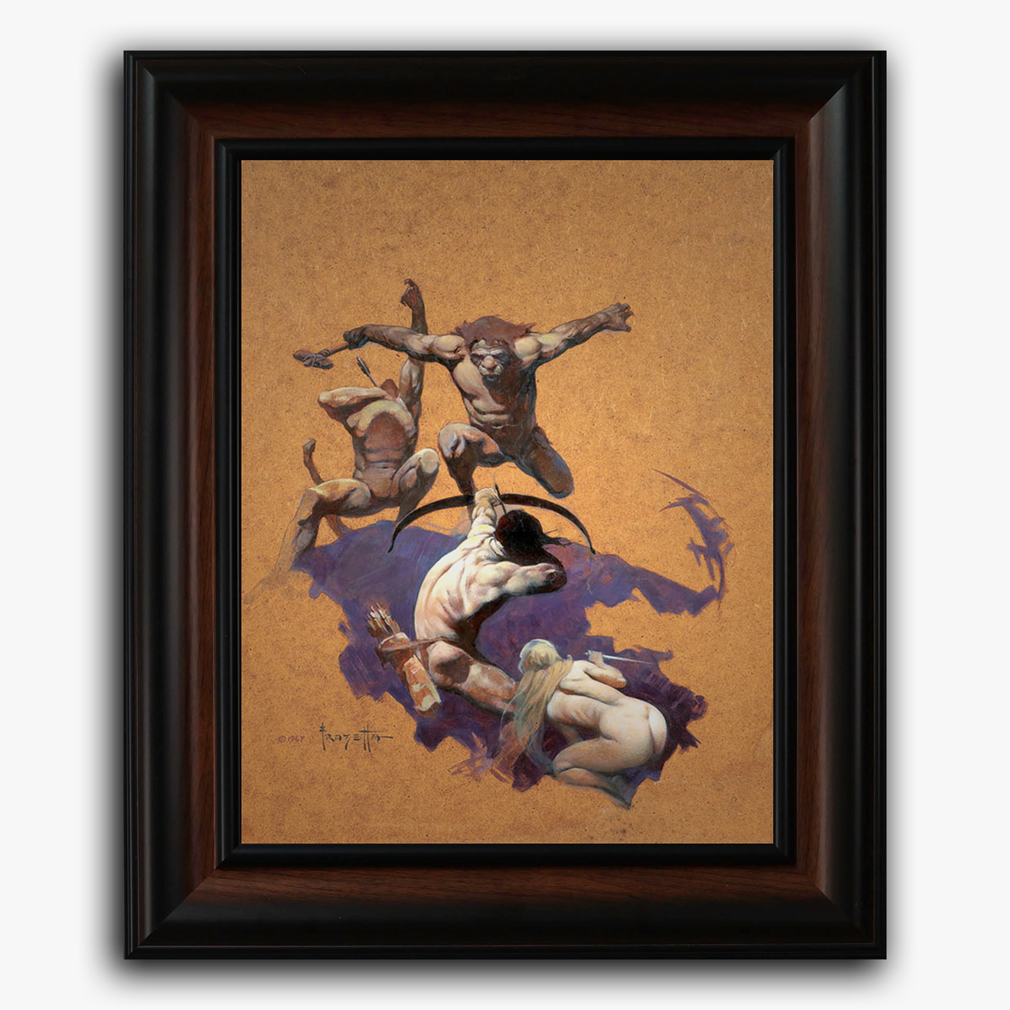 Framed fine art print of Frank Frazetta’s Land of Terror, featuring a fierce battle as a dark-haired warrior defends himself from a chaotic assault by multiple attackers on a barren ochre background.