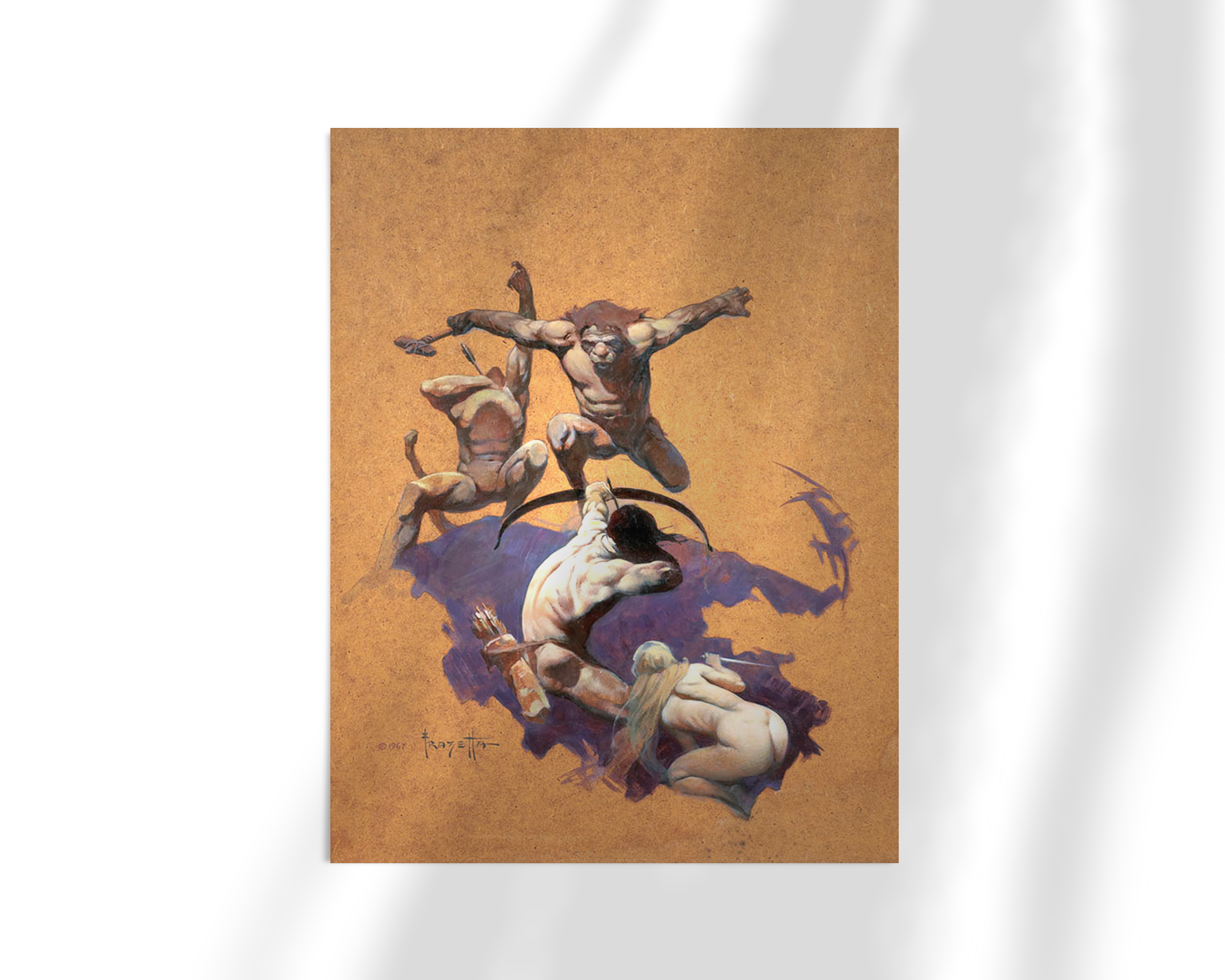 Unframed fine art print of Land of Terror by Frank Frazetta. A powerful female warrior fends off leaping enemies in a stylized, action-filled composition with a stark golden backdrop.