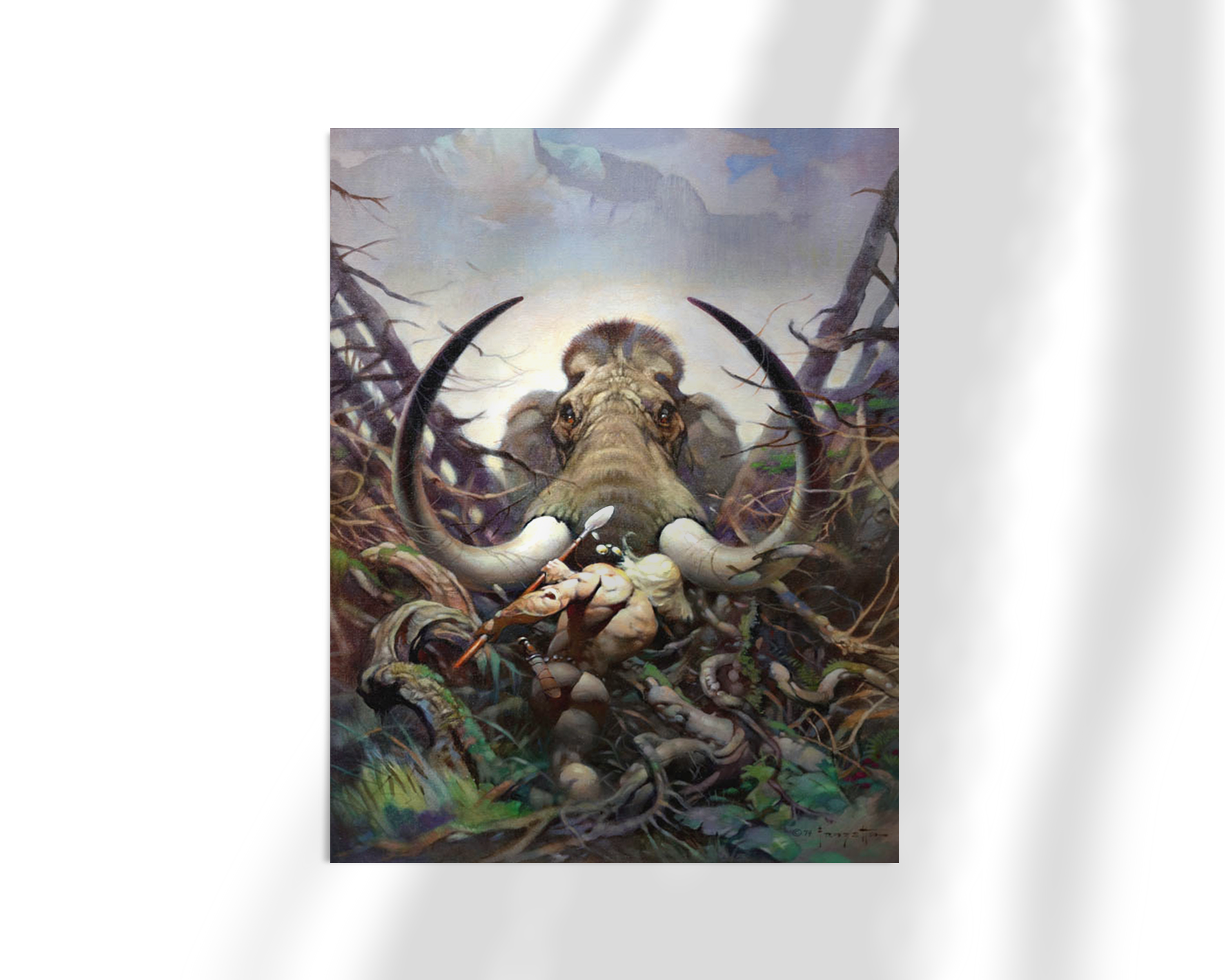 Unframed fine art print of Mammoth by Frank Frazetta, featuring a powerful scene with a colossal mammoth charging through trees in a dense, wild setting.